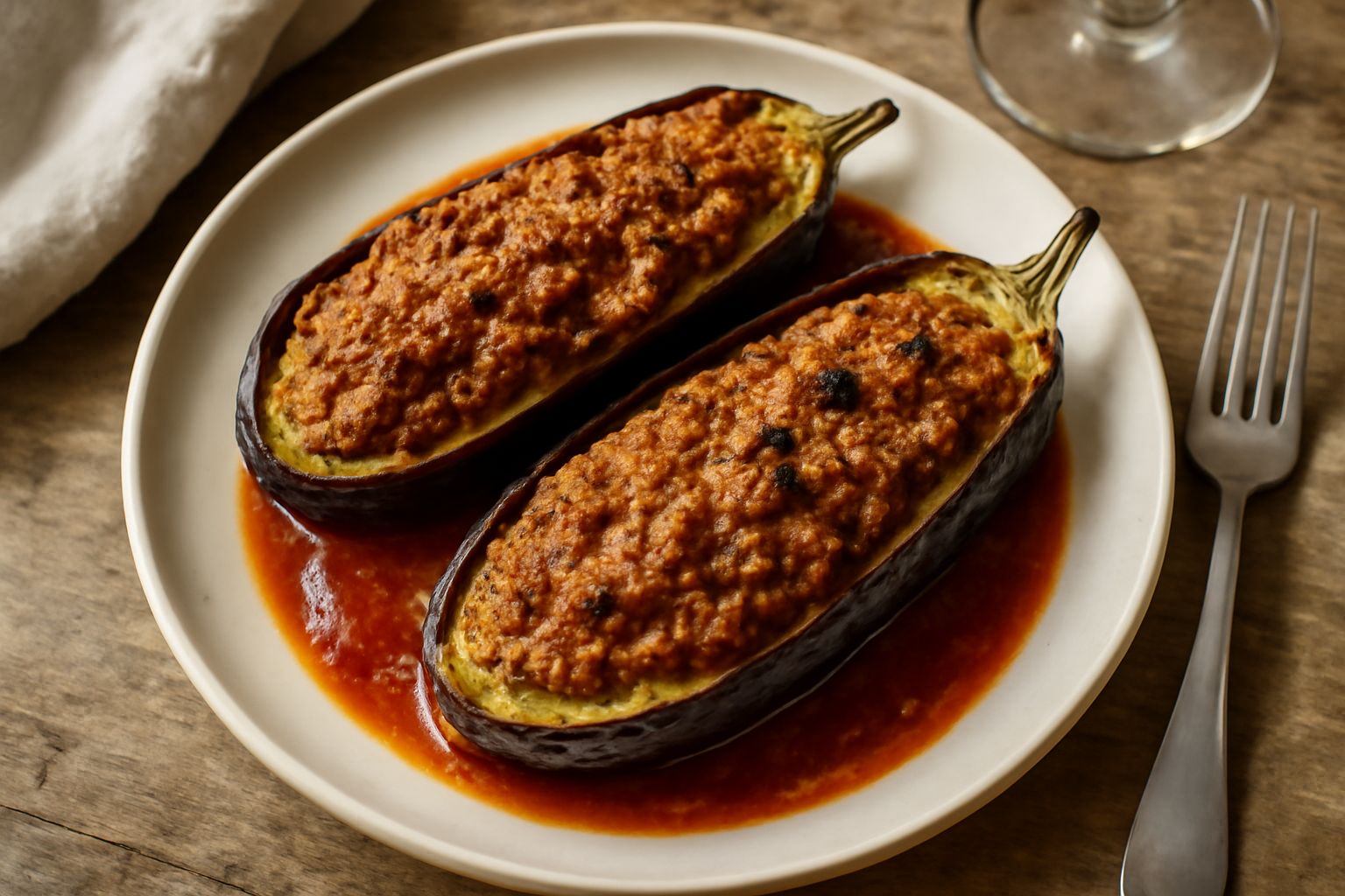 Melanzane scure tagliate a metà e riempite di ragù rosso e formaggio filante, in teglia al forno, con superficie leggermente dorata e crosta di parmigiano grattugiato