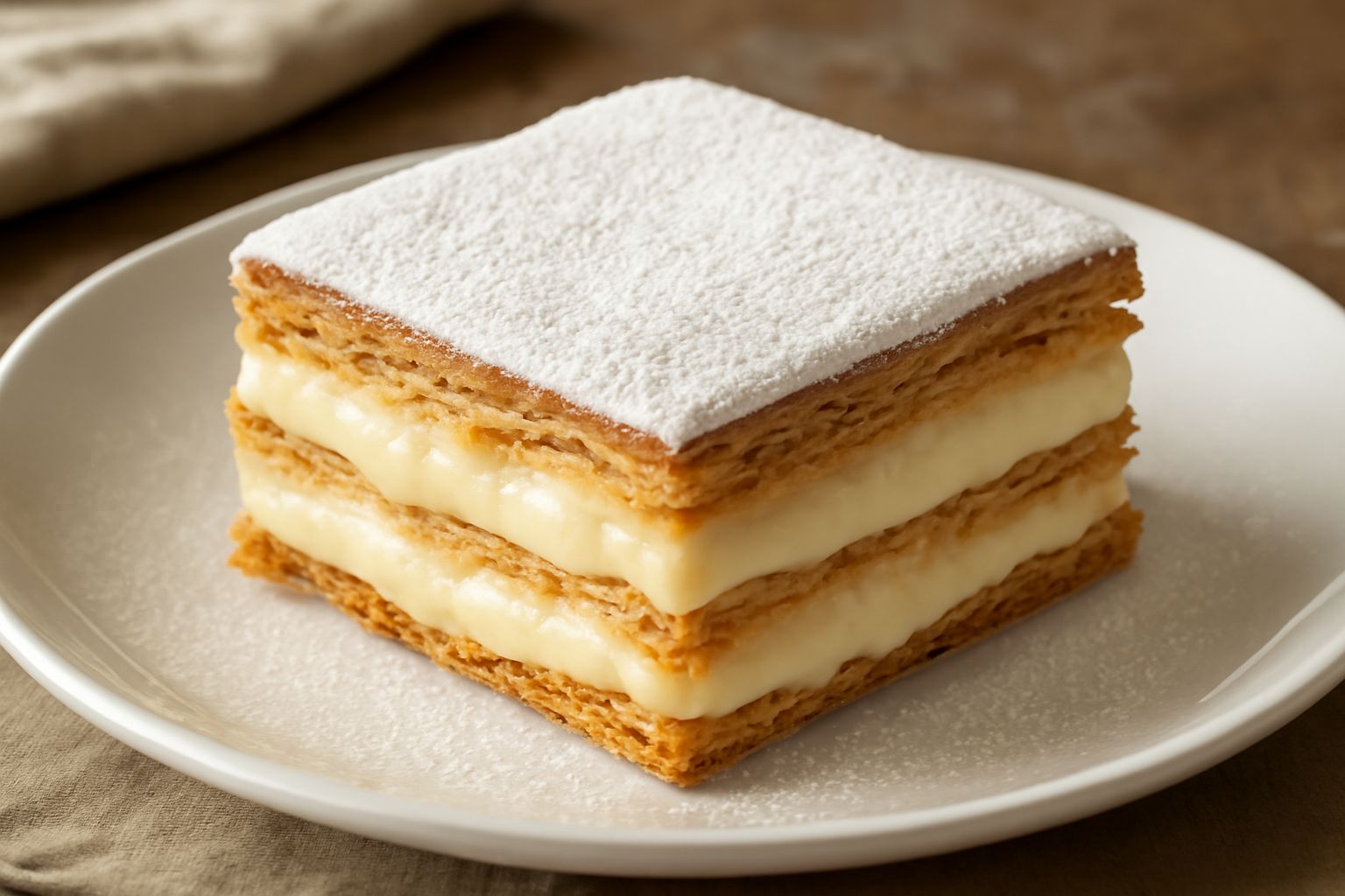 Mille foglie quadrata servita su piatto bianco con tre strati di pasta sfoglia dorata, crema pasticcera tra i livelli visibili, glassa bianca liscia in cima e bordi spolverati di zucchero a velo