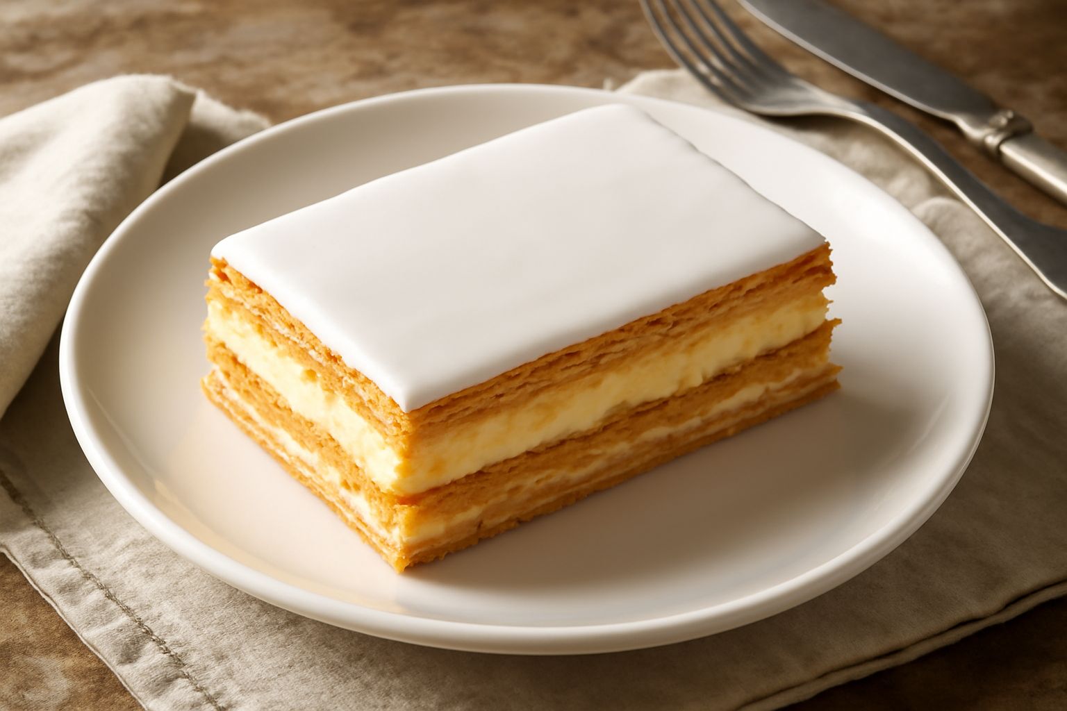 Mille sfoglie affettata, che mostra i molteplici strati di pasta sfoglia dorata intercalati da crema pasticcera bianca, coronata da glassa bianca e granellini di zucchero, posata su un piatto bianco c