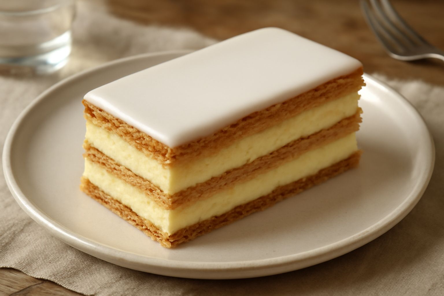 Millefoglie su piatto bianco: tre strati di pasta sfoglia dorata e croccante alternati a crema pasticcera color panna, copertura di glassa reale bianca, sezione laterale che mostra i strati ben separa