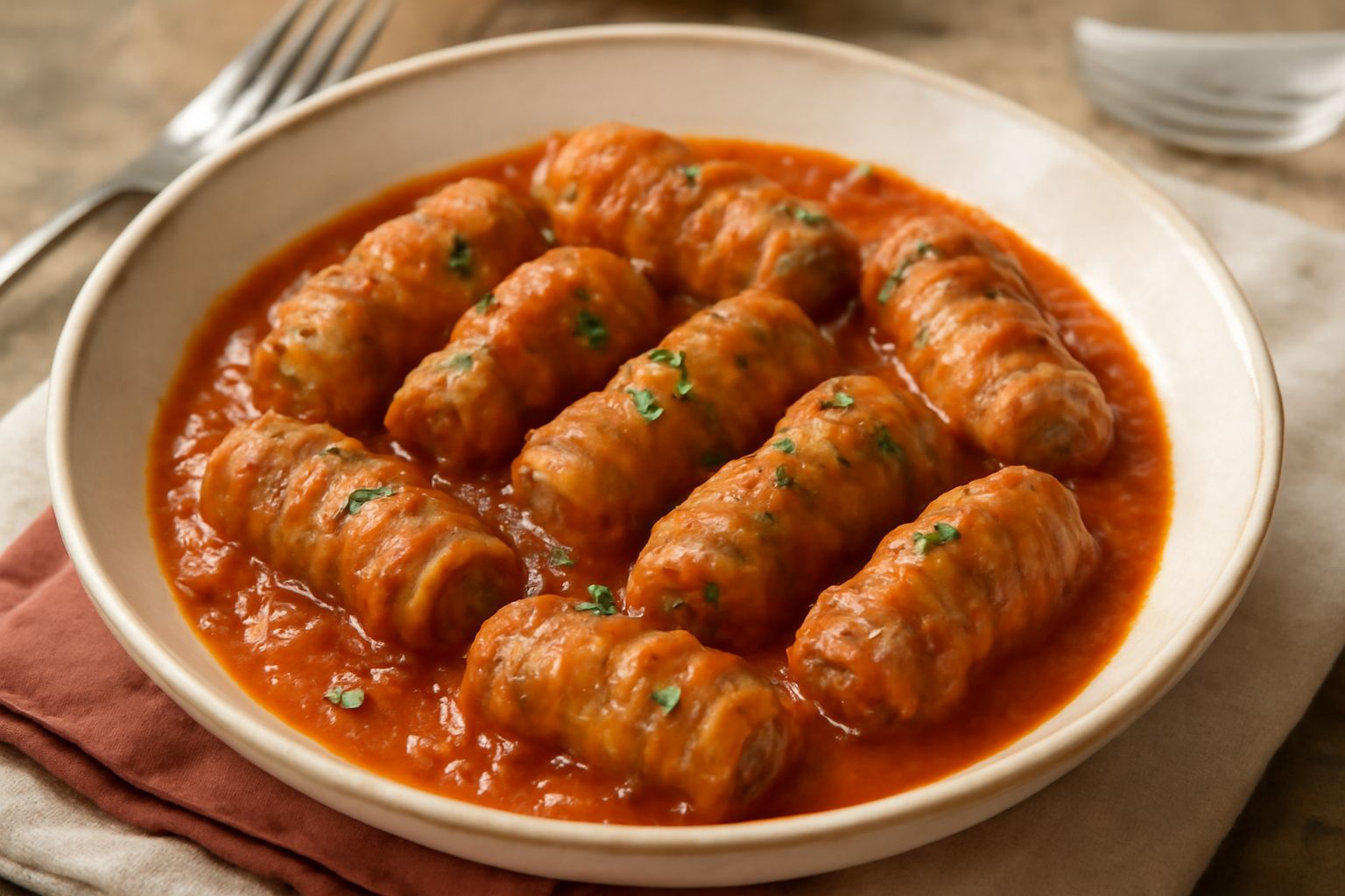 Minchiareddhi cotti in brodo rosso, involtini di carne marroni e pieni, serviti in una scodella di ceramica bianca con brodo e sedano verde a lato