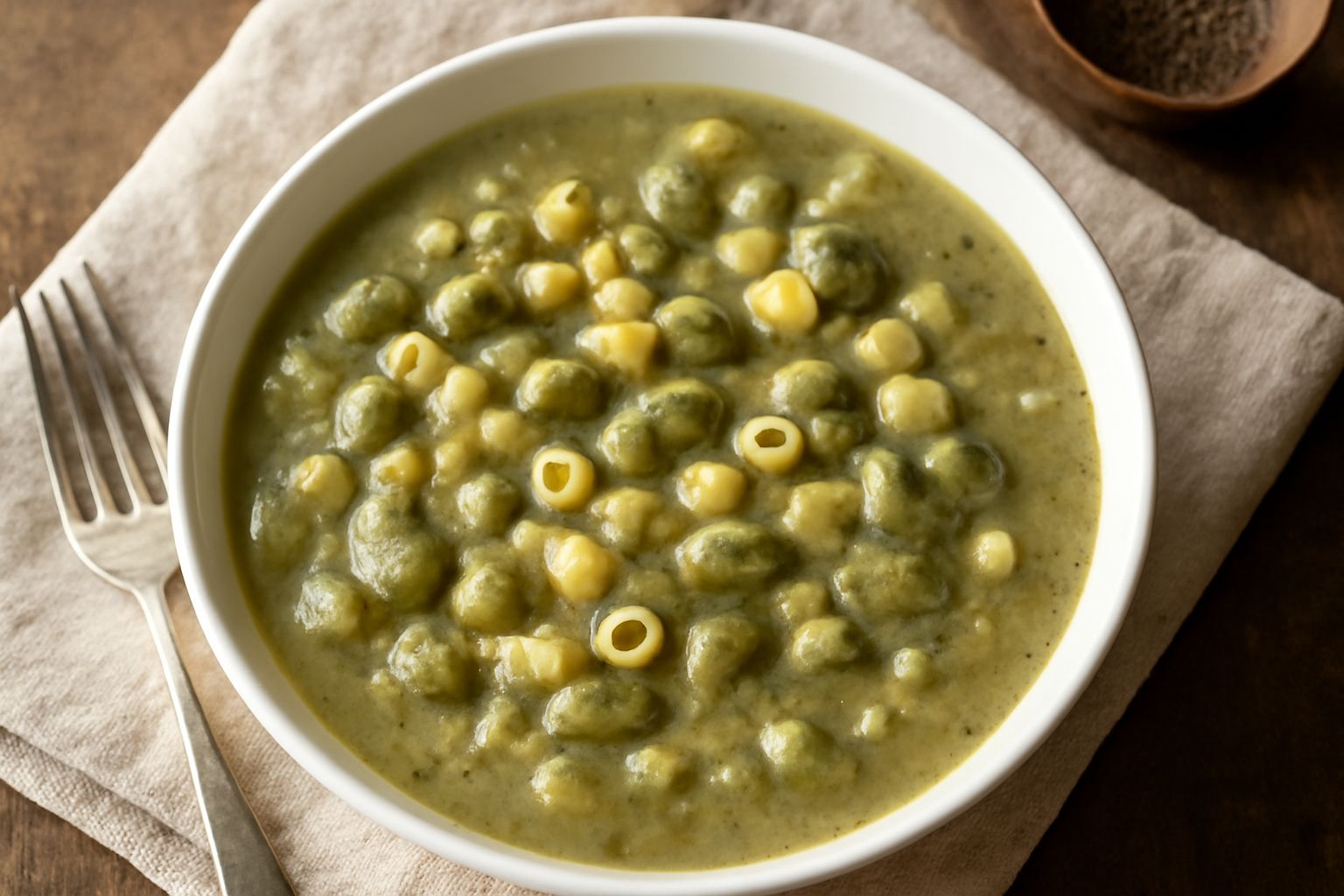 Ciotola di ceramica bianca con minestra cremosa color verde chiaro, pasta piccola distribuita, fave intere galleggianti, filo di olio d'oliva in superficie, erba cipollina fresca sparsa sopra