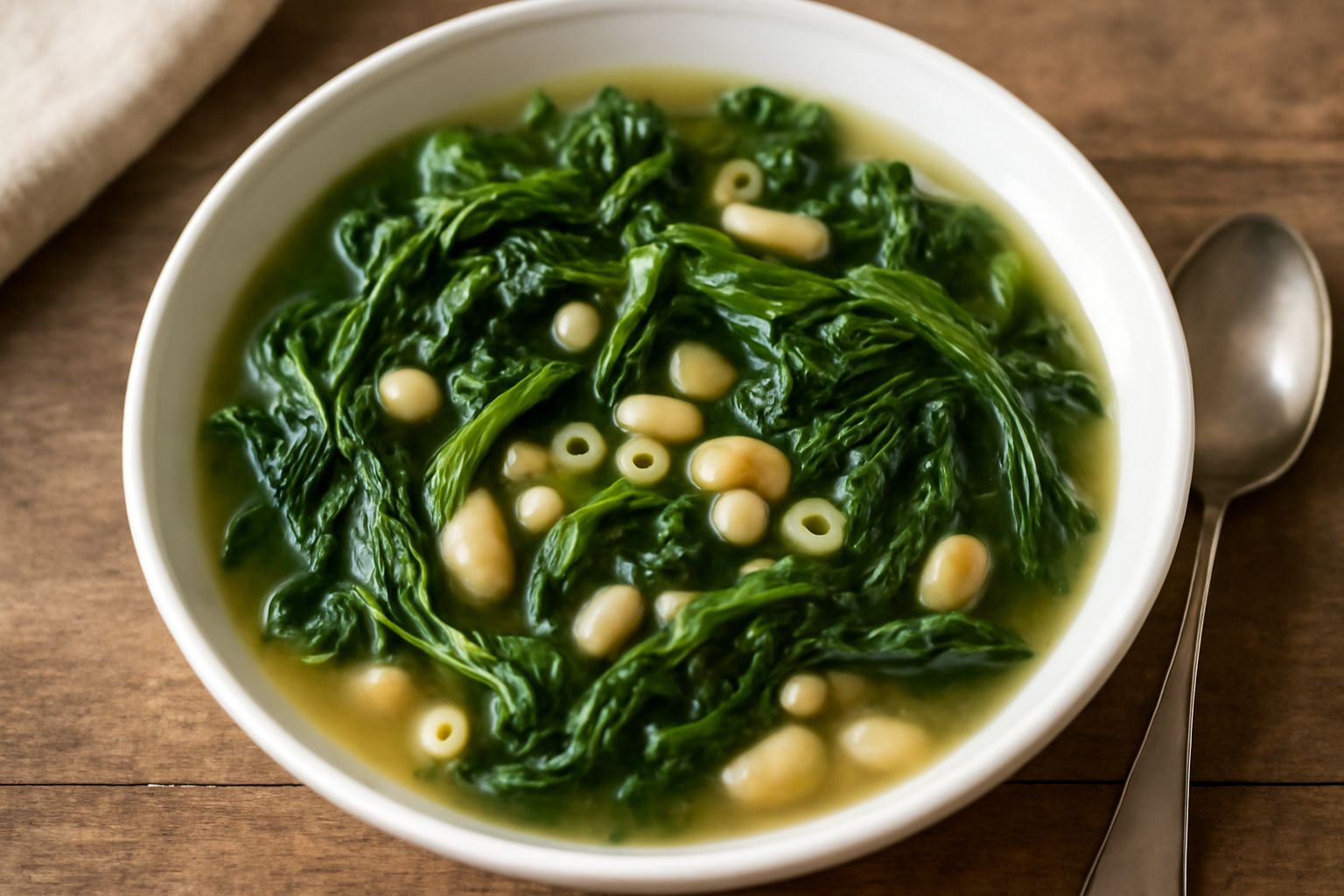Una ciotola di ceramica bianca con minestra calabrese: brodo trasparente con cicoria verde scuro, pasta piccola, fagioli bianchi e borragine. Superficie ondulata dalla cottura, guarnizione di prezzemo