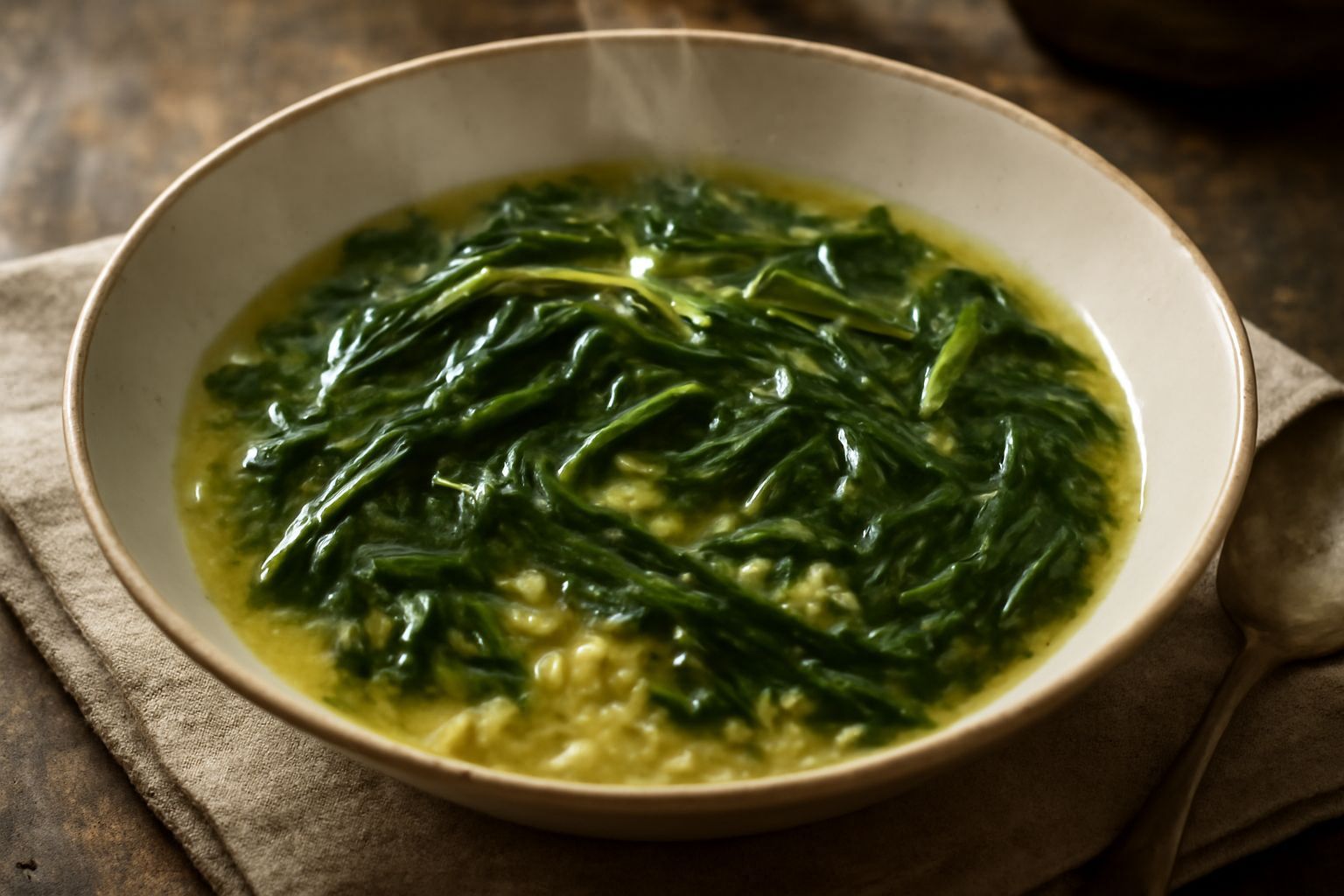 Ciotola di minestra in ceramica bianca con brodo trasparente, foglie verdi scure di ortiche e tarassaco visibili, olio d'oliva lucido in superficie, pane tostato accanto al piatto su tavolo di legno