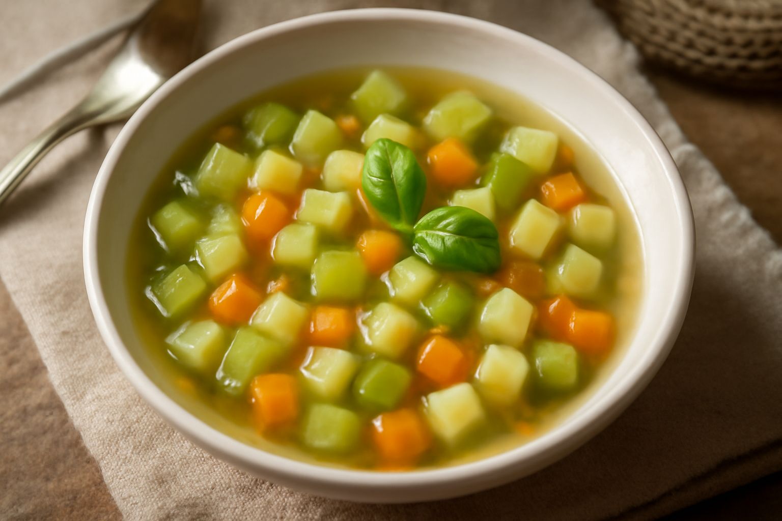 Ciotola di minestra con scorze di melone verdi e giallognole, dadini di patata, carota e cipolla in brodo trasparente, con basilico fresco sul bordo e pane tostato accanto