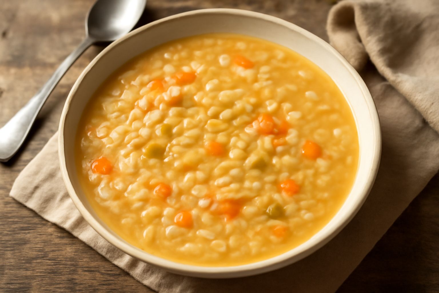 Una ciotola bianca di minestra con pasta d'avena, con visibili chicchi d'avena interi e frammenti di pasta avena in un brodo trasparente, carota e sedano a dadini, cucchiaio d'argento appoggiato sul b