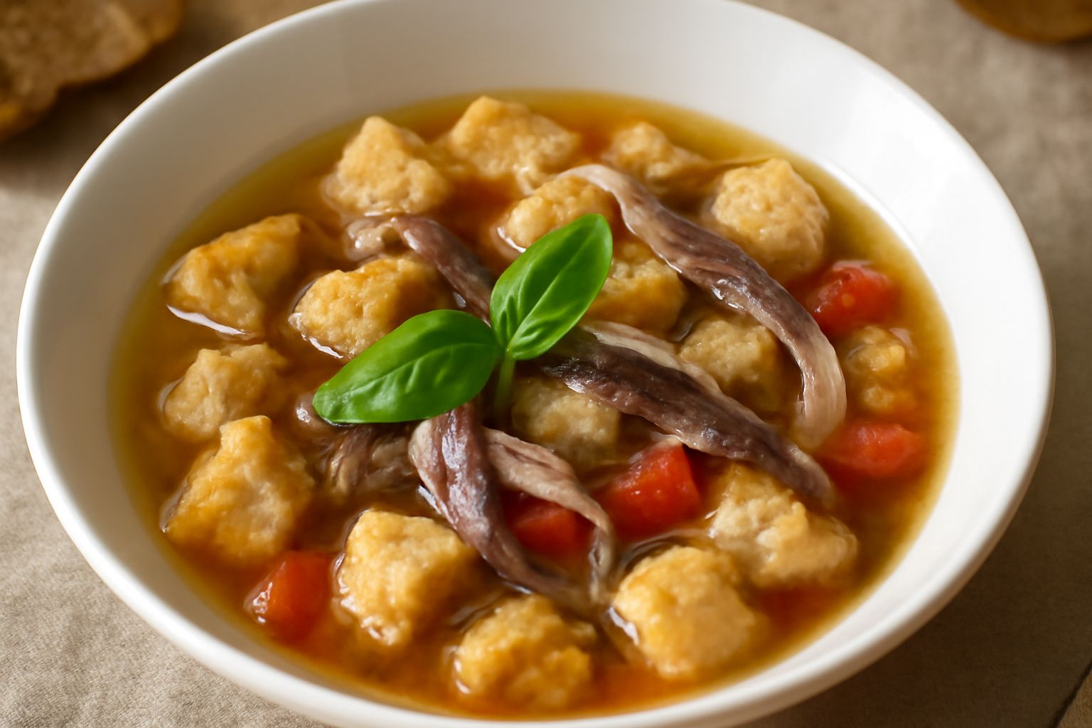 Ciotola di ceramica bianca con minestra d'acciughe e pane, brodo trasparente color ambra, pane raffermo in pezzi galleggianti, acciughe intere visibili in superficie, basilico fresco e gocce d'olio d'