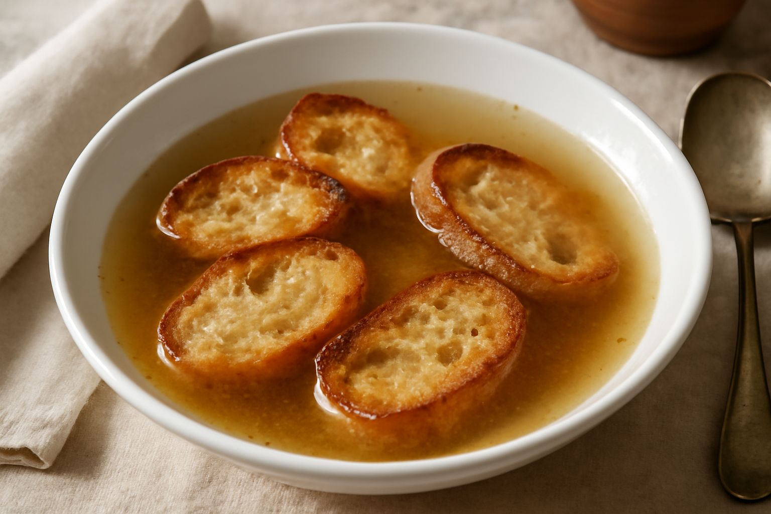 Ciotola di ceramica bianca con brodo trasparente caldo, fette di pane tostato galleggianti, una spruzzata di pepe nero, vapore che sale, cucchiaio di legno sul bordo