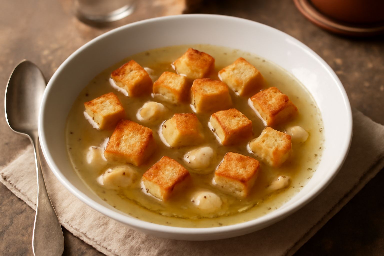 Minestra d'aglio e pane in ciotola bianca, con cubi di pane tostati dorati che galleggiano in brodo trasparente, aglio visibile, filo di olio verde, cucchiaio ai bordi