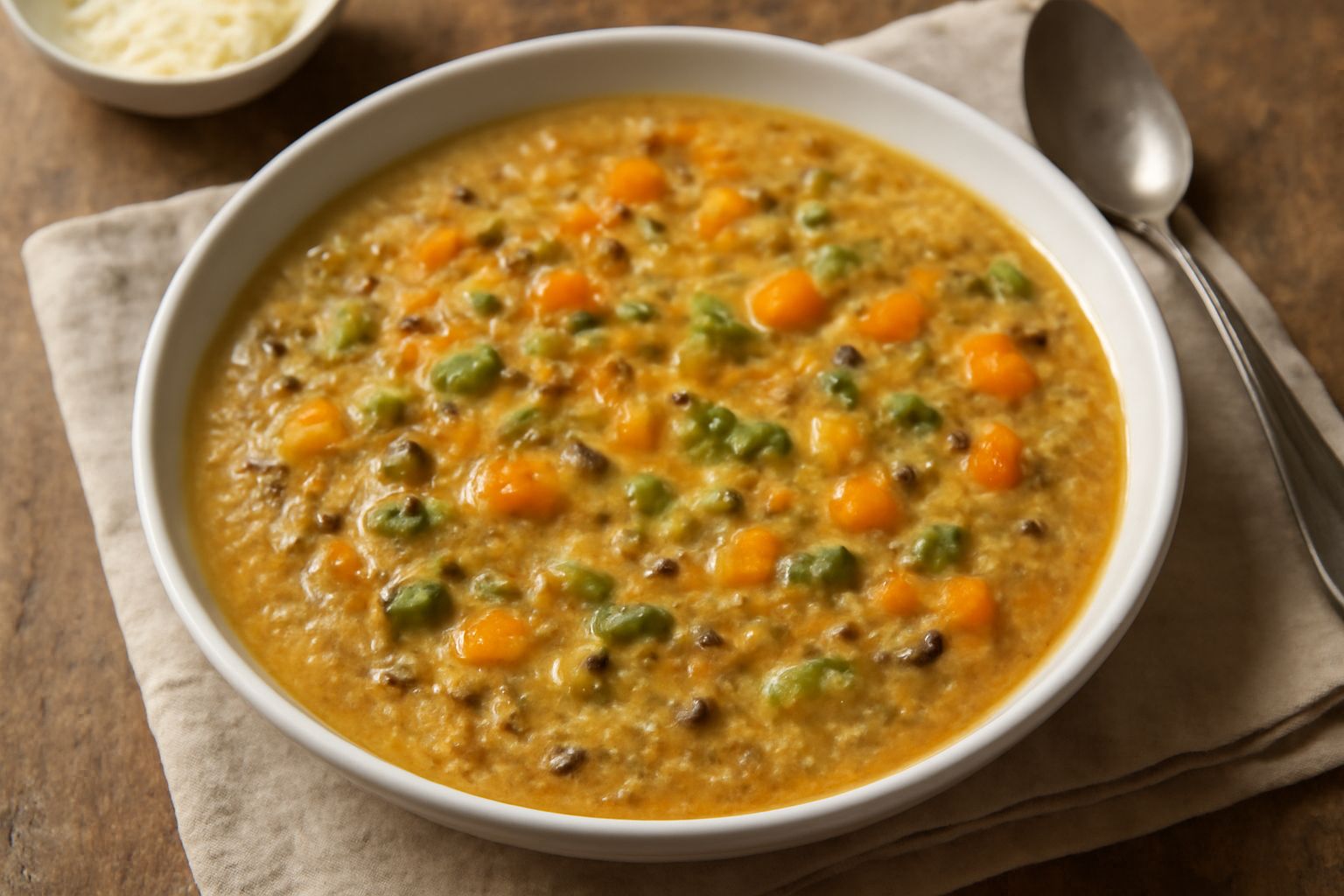 Una ciotola di minestra d'amaranto con chicchi scuri e trasparenti in brodo tiepido, decorata con verdure tagliate fine: carota arancione, sedano verde, prezzemolo fresco, foglia di basilico. Cucchiai