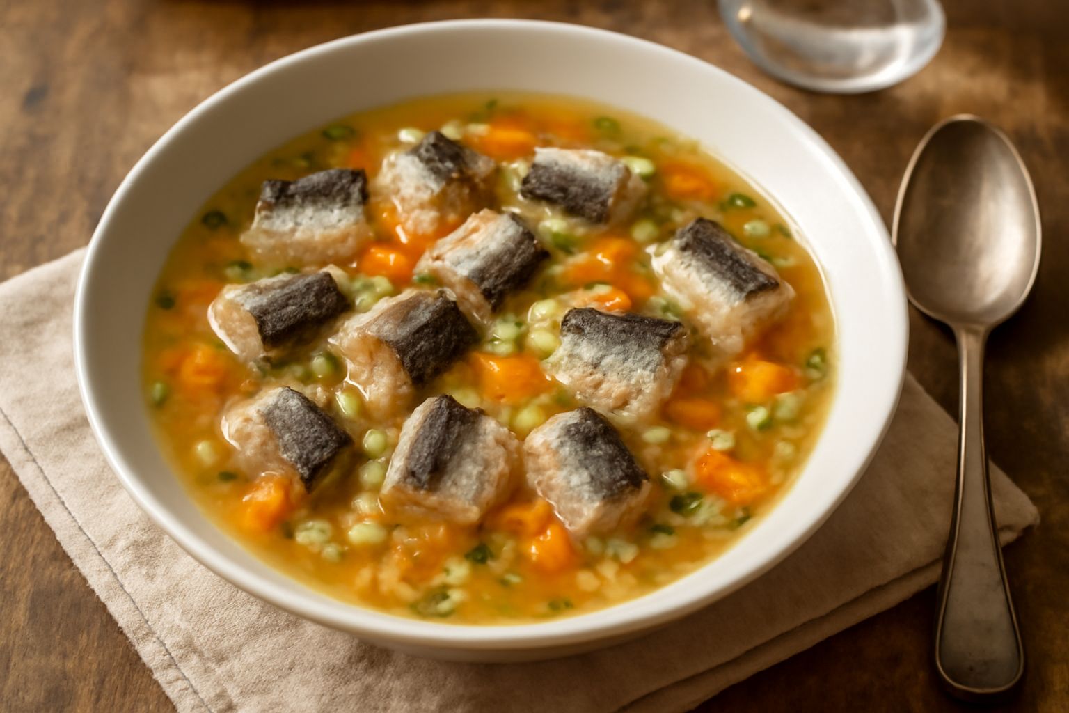 Una ciotola bianca con minestra d'anguilla: brodo trasparente ambrato, pezzi di anguilla grigiastra, carota e sedano affettati, riso bianco sparso in superficie, prezzemolo verde fresco sopra, cucchia