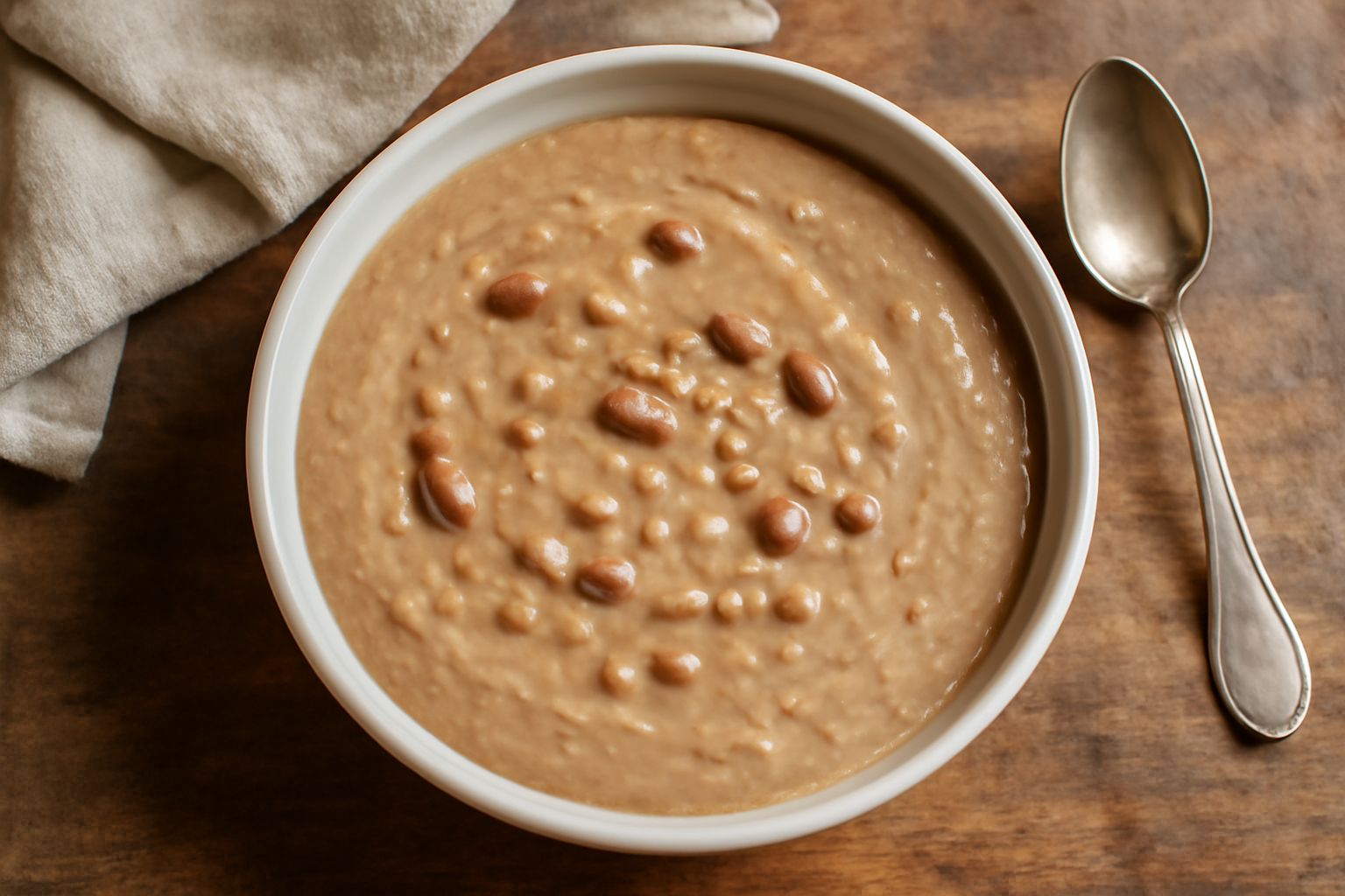 Ciotola di minestra d'atzada con pasta di legumi cremosa color beige, orzata e fagioli visibili in superficie, condita con olio di oliva verde, servita in una tazza di terracotta bianca