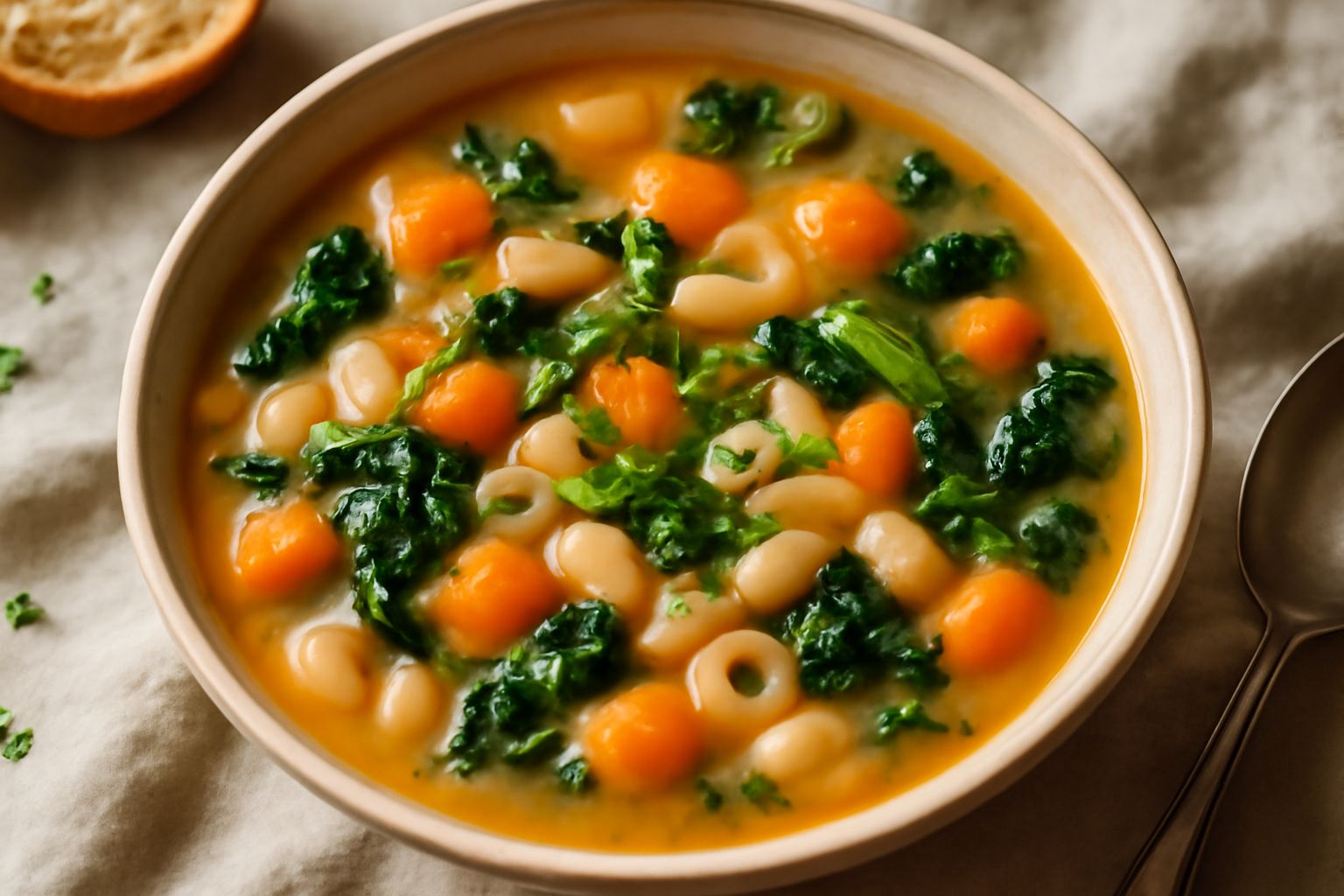 Minestra d'autunno in ciotola bianca, cremosa con pezzetti di zucca arancione, cavolo verde, fagioli bianchi visibili, con cucchiaio in acciaio e pane tostato accanto