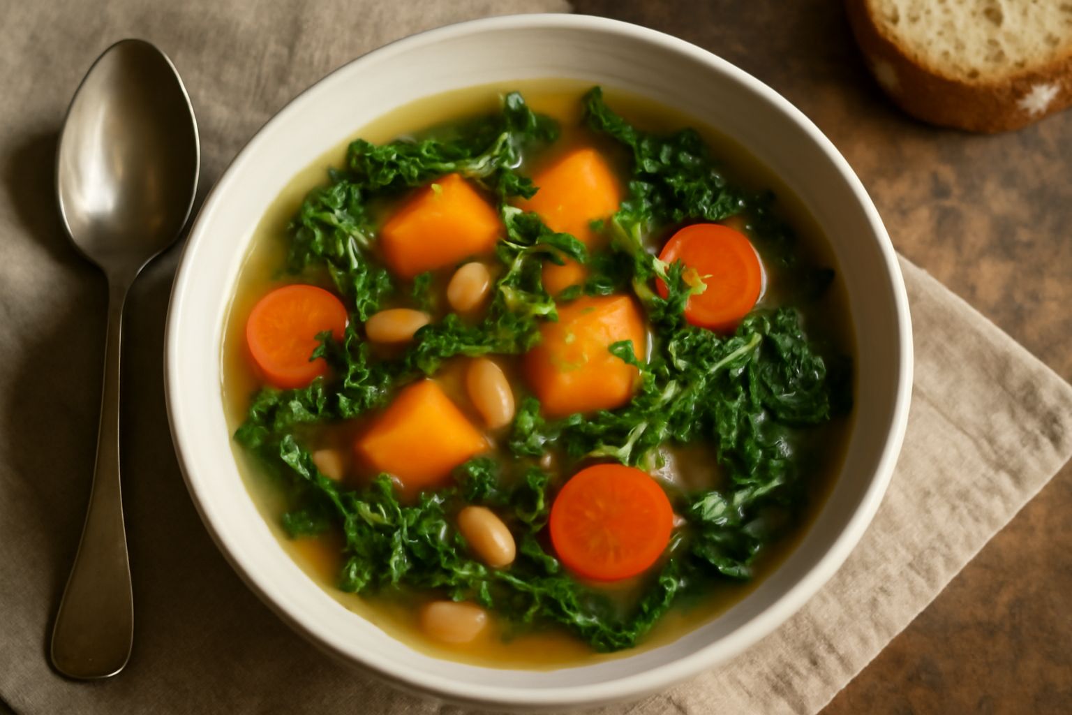 Ciotola di ceramica bianca con minestra d'autunno: zucca arancione, cavolo verde scuro, carote rosse e fagioli, brodo trasparente, foglia di prezzemolo sulla superficie, tavolo di legno naturale