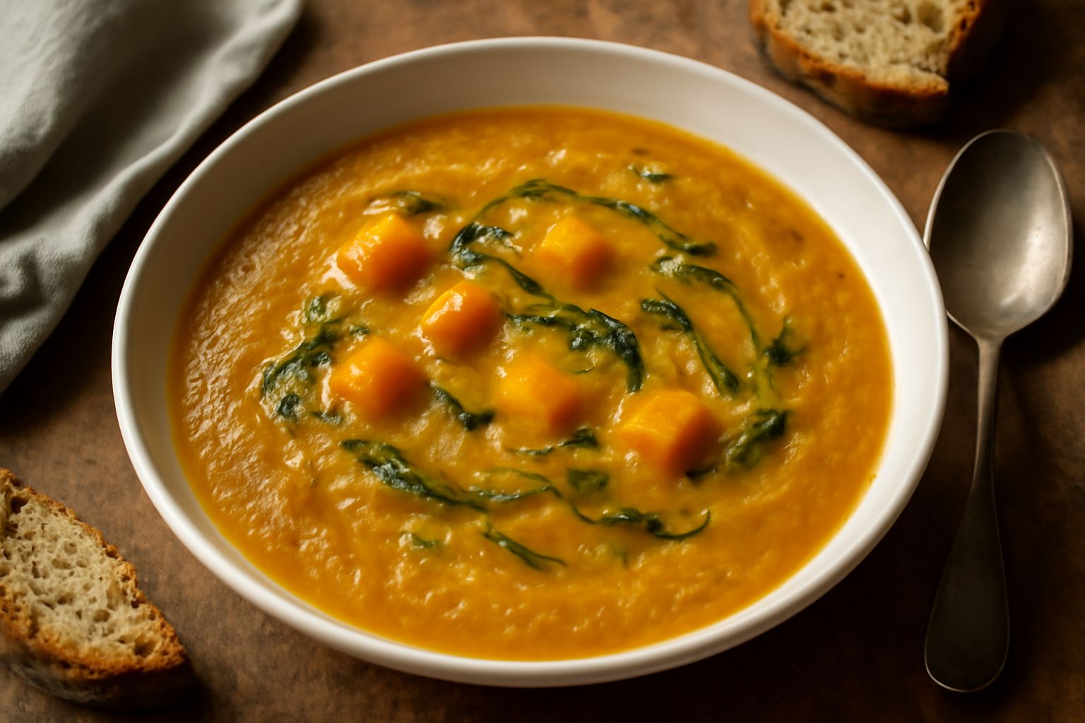 Ciotola di minestra d'autunno con zucca color arancio cremoso, pezzetti di verdure visibili, gocce di olio verde in superficie, servita in piatto bianco con cucchiaio di legno su tavolo di legno con f