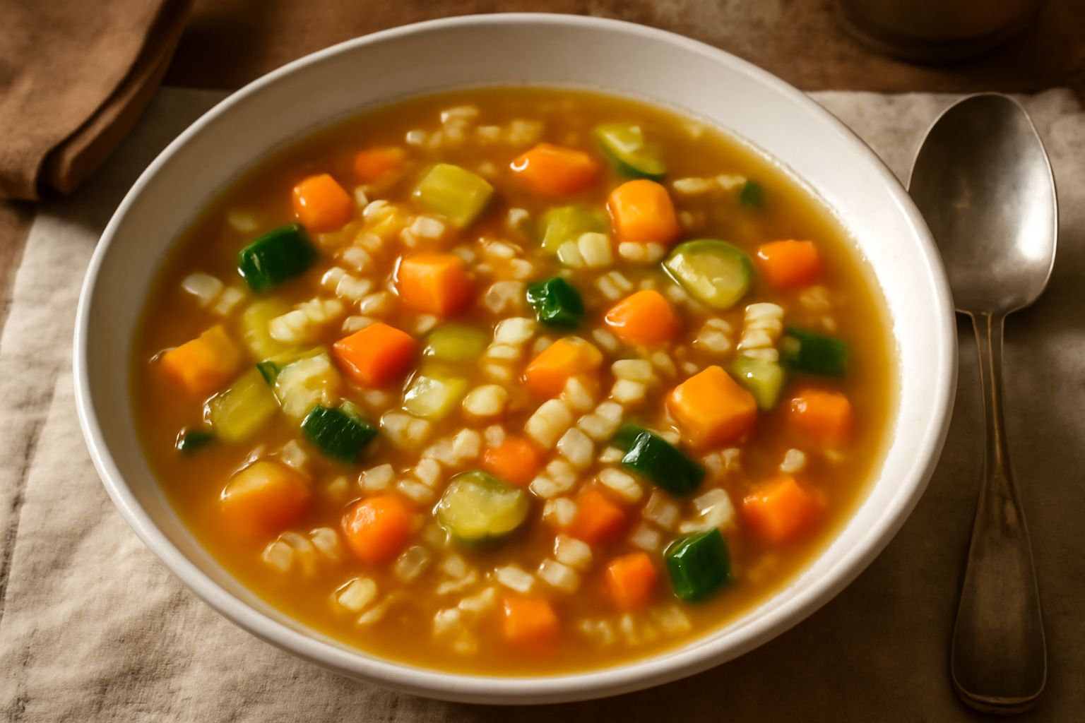 Minestra d'avanza servita in una ciotola bianca con verdure miste, pasta corta e brodo trasparente, decorata con una foglia di prezzemolo fresco