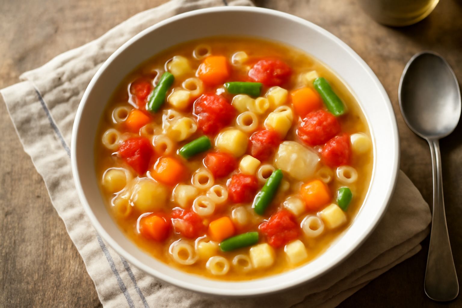 Minestra densa in ciotola bianca con pezzi di verdura mista, pasta corta, una foglia di prezzemolo fresco sulla superficie, cucchiaio accanto, tavolo di legno chiaro
