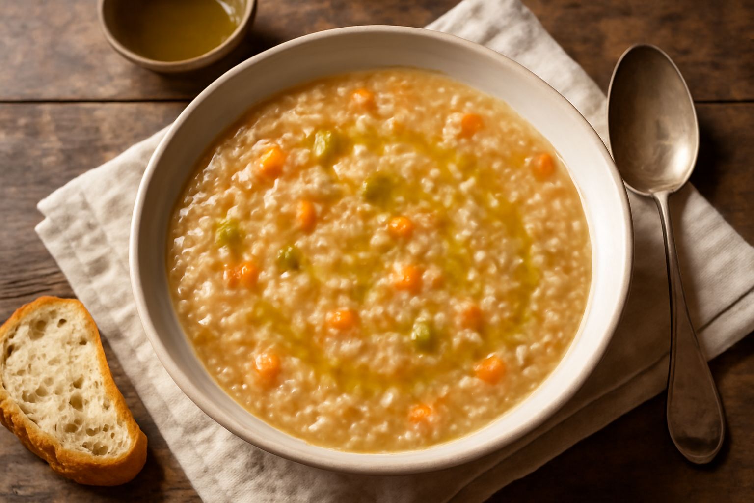 Una ciotola di ceramica bianca con minestra d'avena cremosa, verdure visibili nel brodo, fiocchi d'avena semi-disciolti, filo d'olio d'oliva in superficie, pane tostato a lato