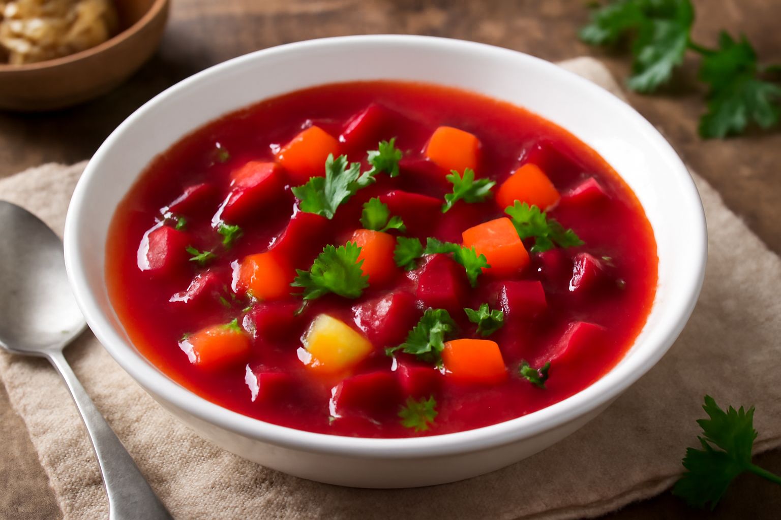 Una scodella di minestra di barbabietole dal colore rosa-rosso intenso, con pezzi visibili di barbabietola, carote arancioni, patate gialle e prezzemolo verde fresco, servita in un piatto bianco fondo