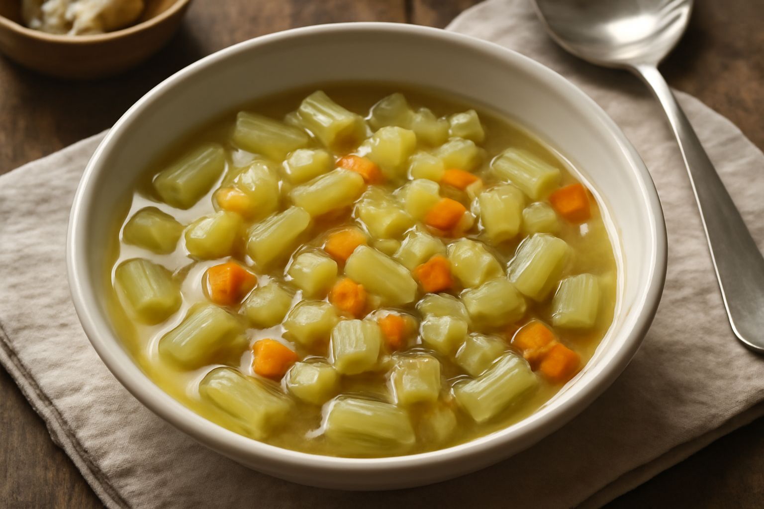 Minestra di cardi selvatici in ciotola bianca: liquido di brodo chiaro con pezzi di cardi verde pallido, cipolla e carota, guarnita con prezzemolo fresco e un filo di olio d'oliva