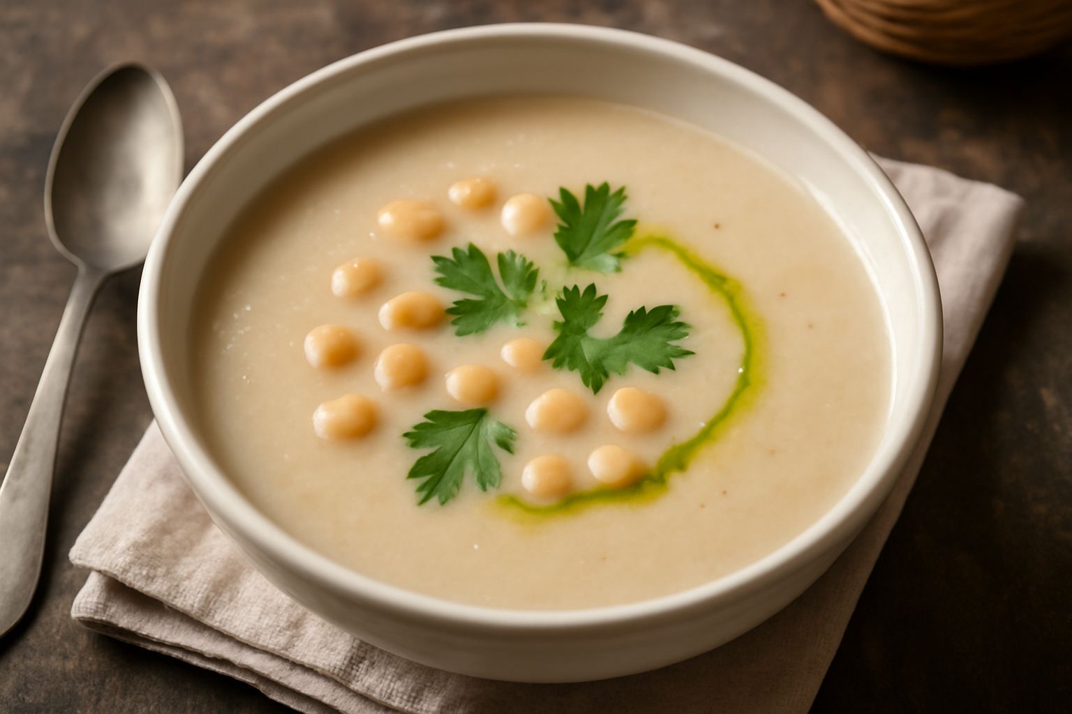 Una ciotola di ceramica bianca con minestra di ceci color beige chiaro, con ceci interi visibili e un filo d'olio verde in superficie, accompagnata da pane tostato sul bordo del piatto