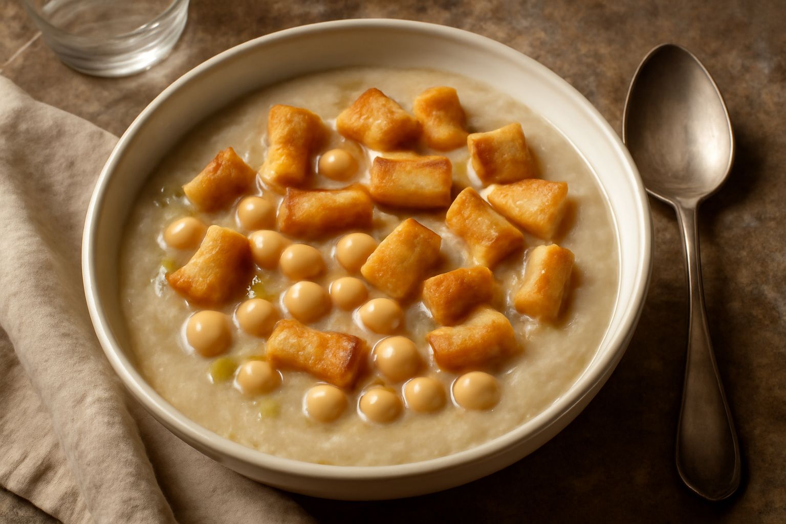 Minestra de cicer e pani in ciotola bianca, cremosa e densa, con ceci interi visibili, pasta fritta dorata sparsa in superficie, filo di olio extravergine verde scuro, aglio intero accanto, su tavolo 