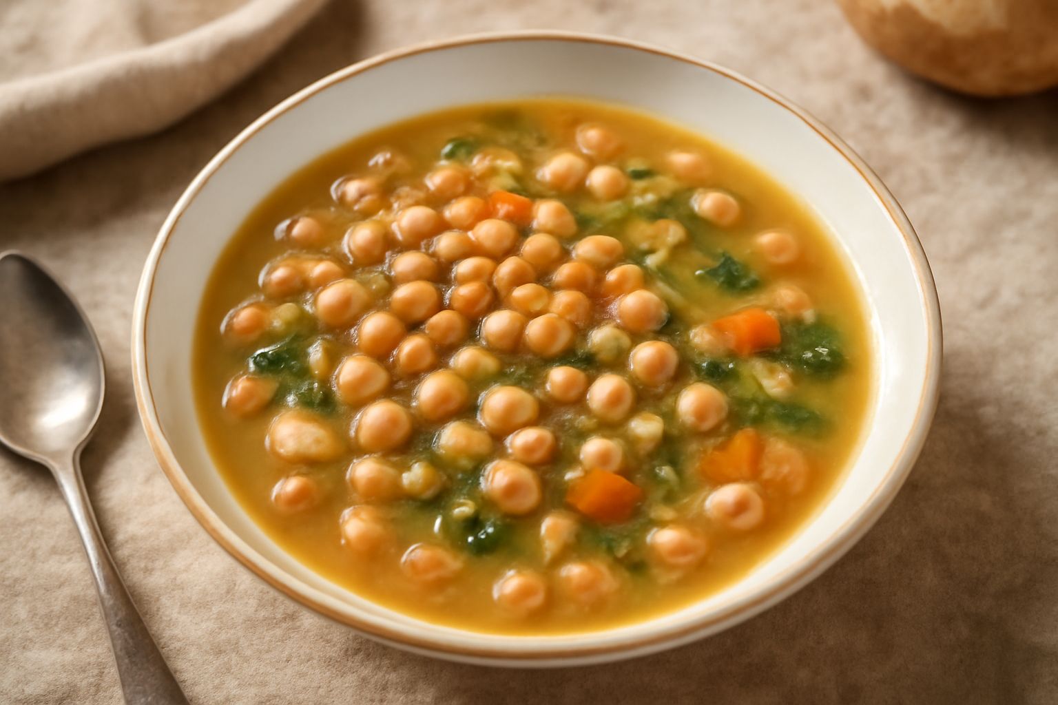 Minestra di cicerchia in ciotola bianca, con legumi rosa e marroni visibili nel brodo, guarnita da un filo di olio d'oliva e prezzemolo fresco, contornata da fette di pane tostato