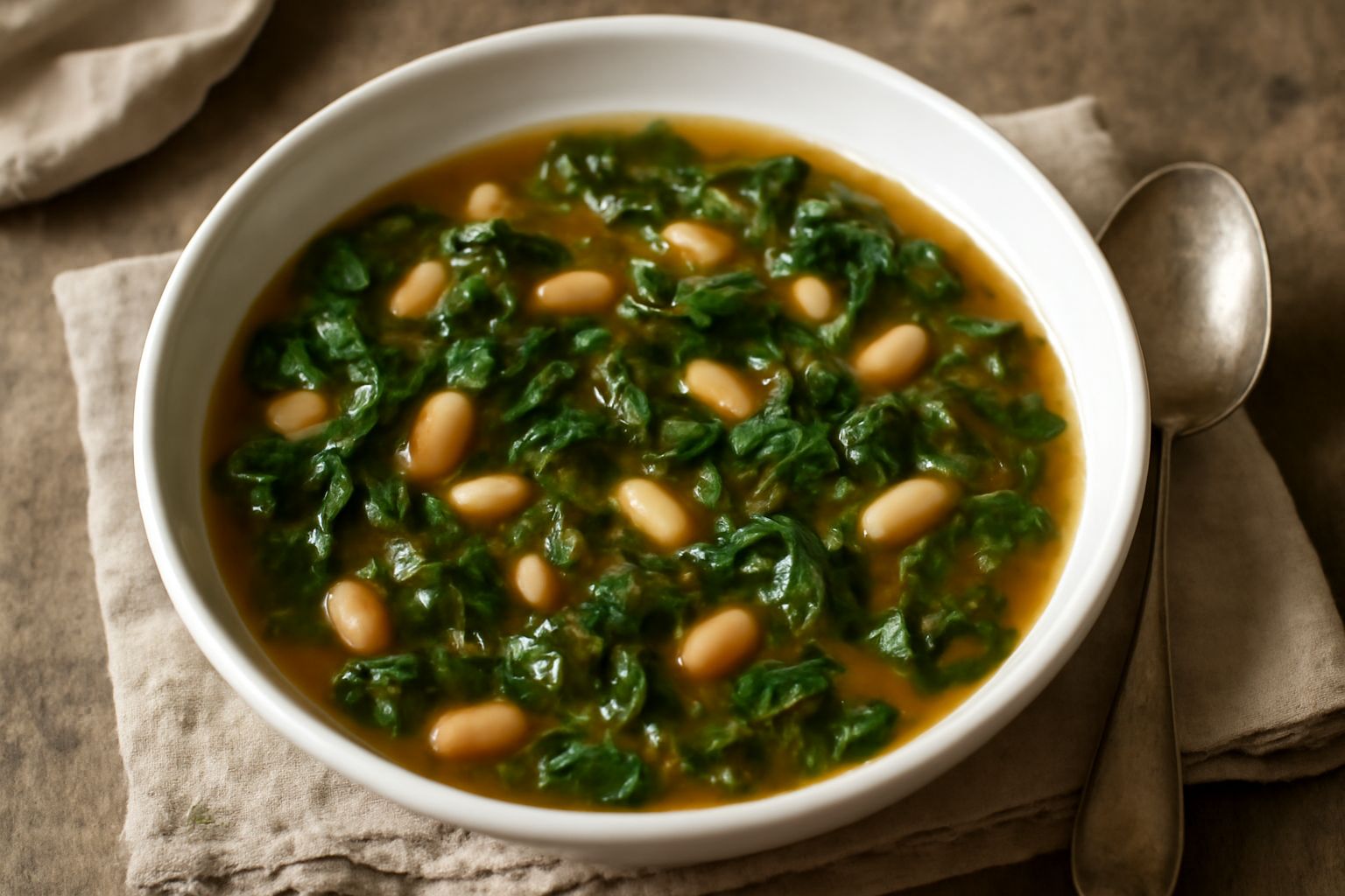 Ciotola di minestra de erbas con brodo trasparente color ambra, foglie di verdure verdi visibili in sospensione, fagioli bianchi o rossi sparsi, prezzemolo fresco tritato in superficie, servita in pia