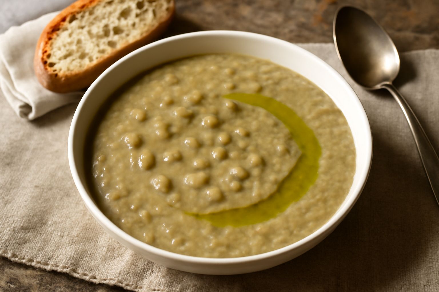 Minestra di fave cremosa in ciotola bianca, di colore beige-verde, con goccia di olio verde in superficie e fetta di pane tostato sul bordo