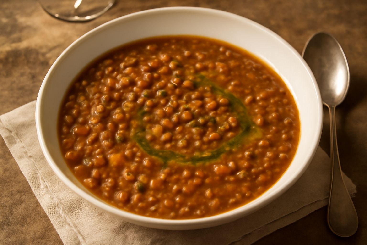 Ciotola di terracotta con minestra di lenticchie color marrone scuro, lenticchie intere e sparse in brodo cremoso, filo di olio verde in superficie, cucchiaio di legno appoggiato sul bordo