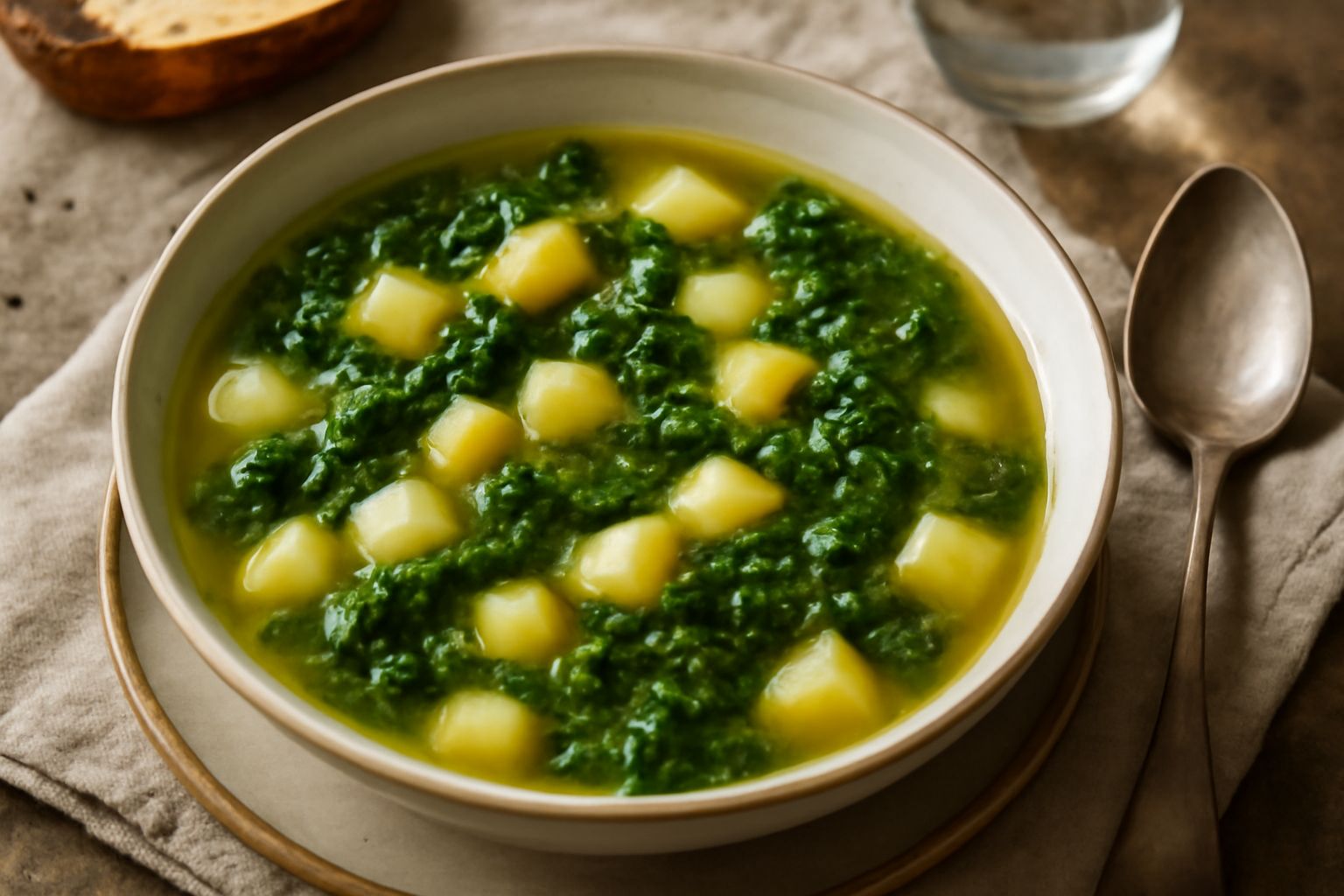 Minestra di patate e cavoli in ciotola di ceramica bianca, con cavolo verde scuro, patate beige tagliate a dadini, brodo trasparente, filo di olio d'oliva verde in superficie, cucchiaio di legno dentr