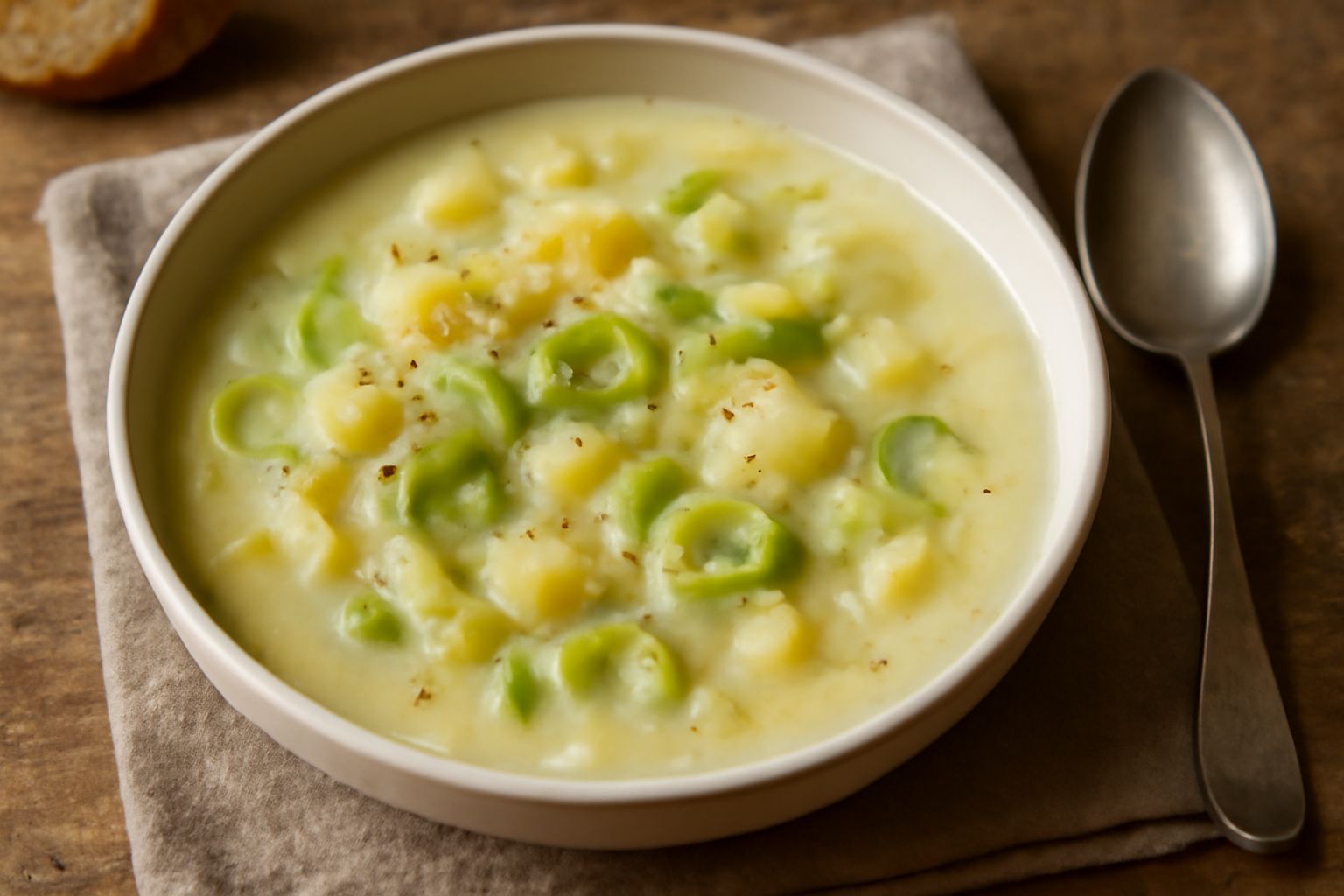 Una ciotola di minestra di porri color crema chiaro, con fettine di porro bianco e verde, pezzetti di patata morbida, brodo trasparente, crostini di pane tostato a lato e un filo d'olio verde visibile