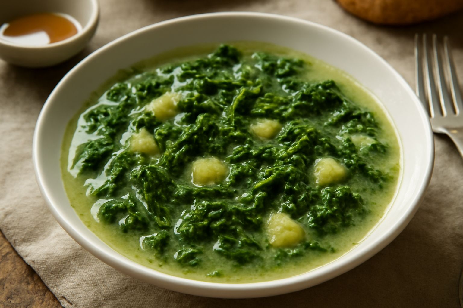 Piatto di porcellana bianca contenente minestra de rape con cime di rapa verdi scure, patate bianche morbide, brodo trasparente e leggera schiuma in superficie. Filo d'olio d'oliva dorato versato sopr