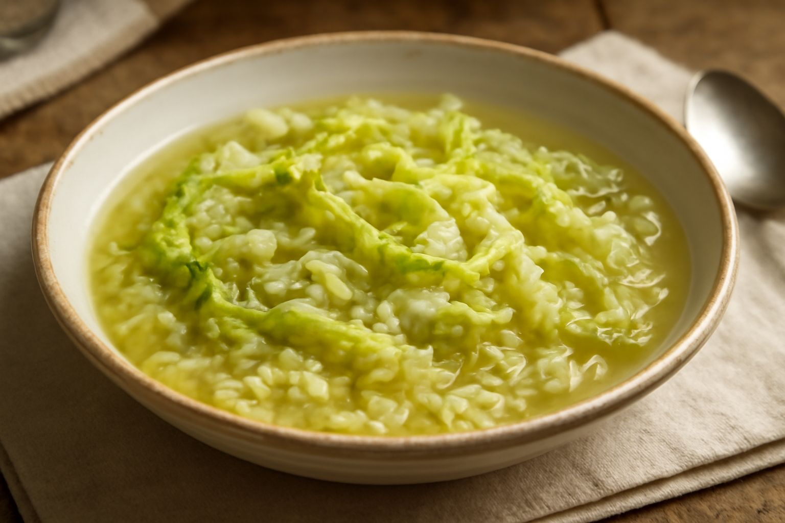 Minestra di riso e verze servita in ciotola di porcellana bianca con cucchiaio di metallo, brodo trasparente che copre i chicchi di riso e strisce di verza verde chiaro, guarnita con parmigiano grattu