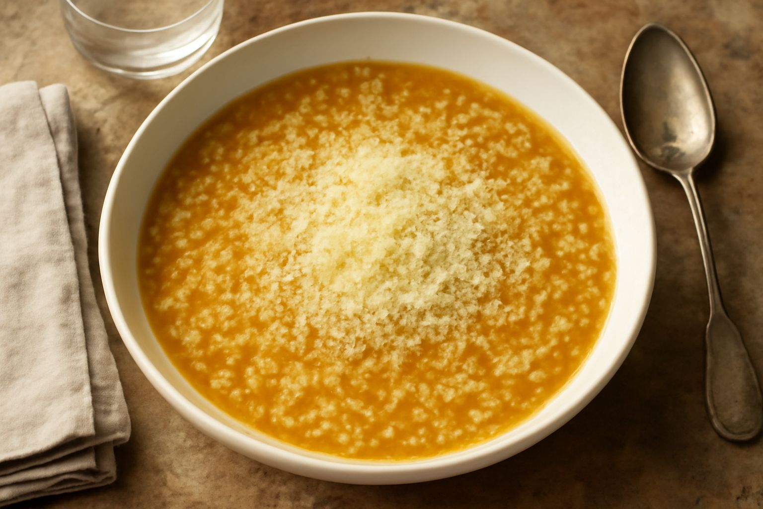 Minestra di semolino in ciotola bianca, brodo trasparente ambrato con grani di semolino gonfi e cremosi, grattugia di parmigiano, cucchiaio di legno appoggiato, tavolo di legno naturale