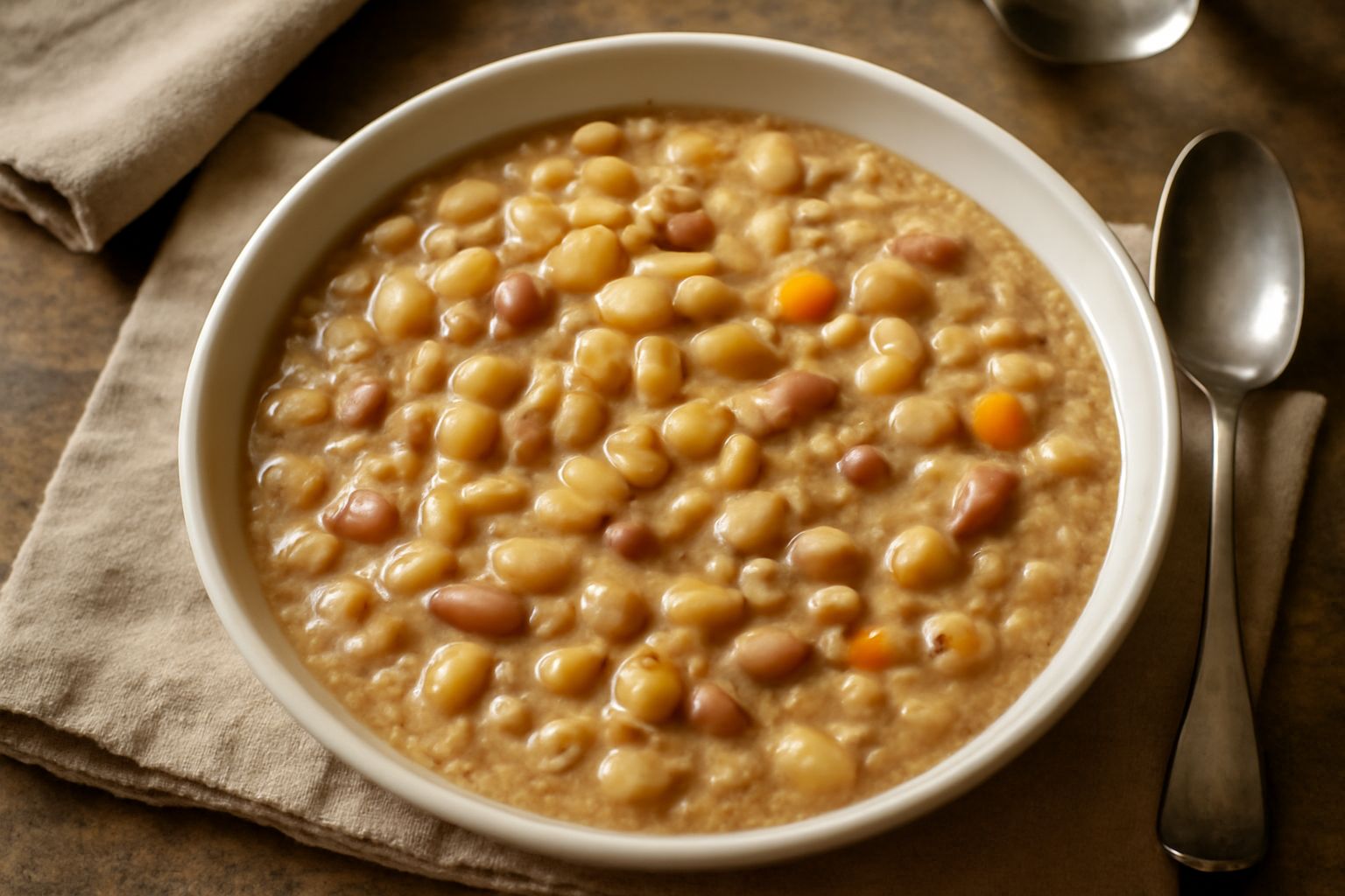 Ciotola bianca con minestra densa di colore beige e marrone, contenente pasta, fagioli scuri e dadini di verdure, con un cucchiaio in acciaio appoggiato sul bordo e una fetta di pane tostato a lato