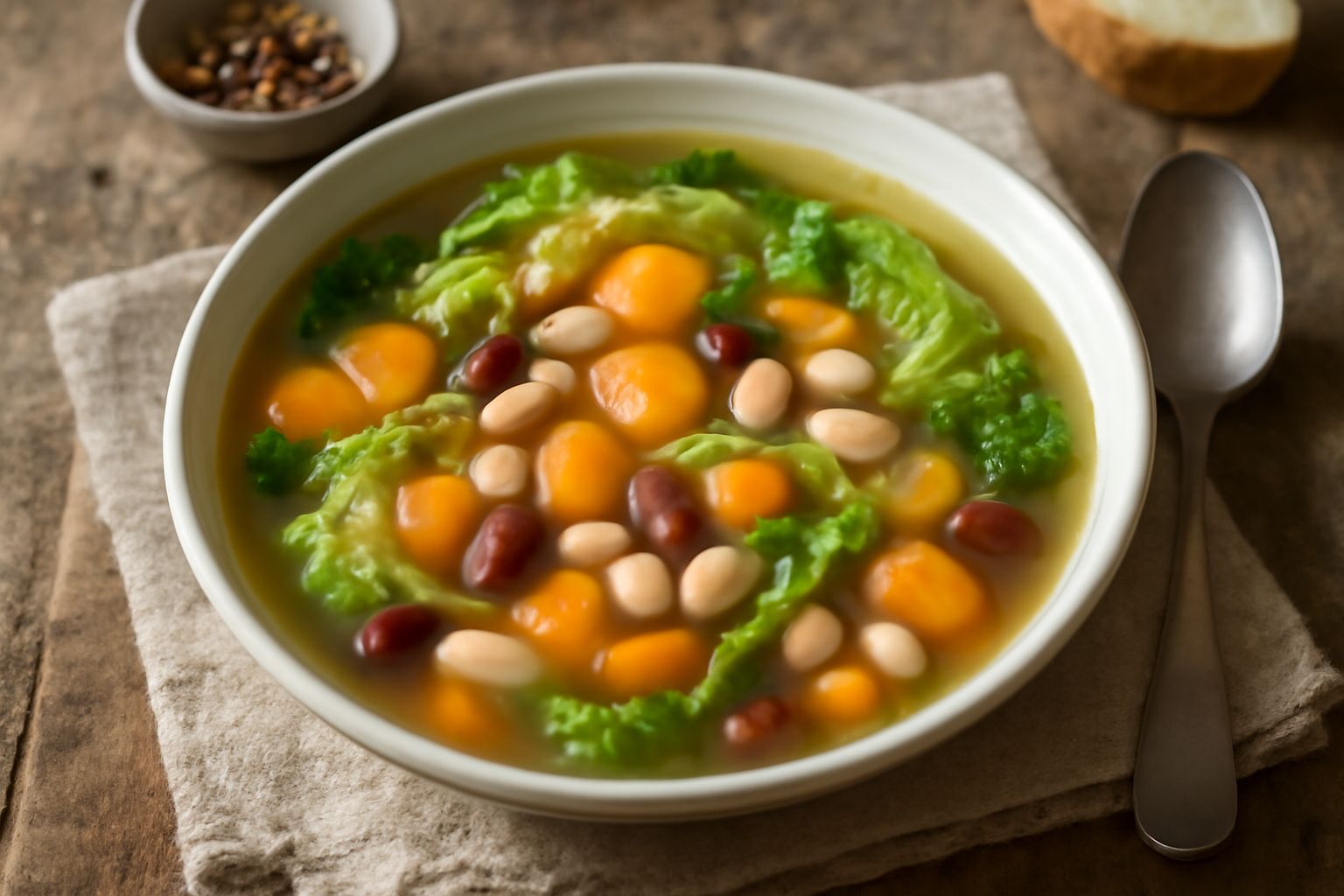 Minestra del contadino servita in ciotola bianca, con verdure morbide giallo-arancio e verdi, legumi visibili sulla superficie, brodo trasparente fumante, pane tostato sul bordo