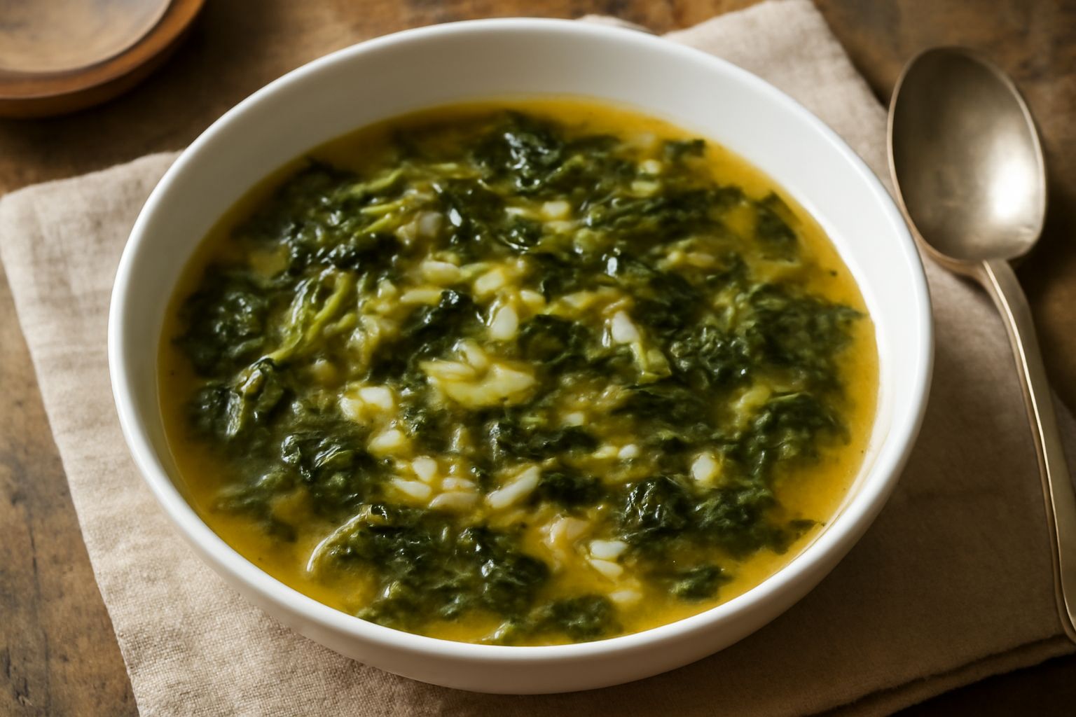 Minestra d'endìvia in ciotola bianca su tavolo di legno: brodo trasparente con pezzi di endìvia verde scuro, pasta piccola, gocce di olio d'oliva e una spruzzata di pepe nero
