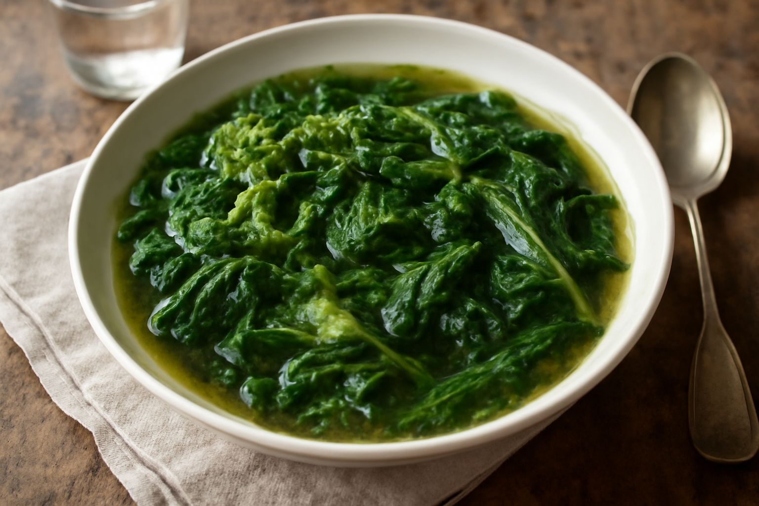 Ciotola di ceramica bianca con minestra d'erba verde scuro, verdure lessate visibili nel brodo caldo, filo d'olio di oliva in superficie, pane tostato sul bordo del piatto