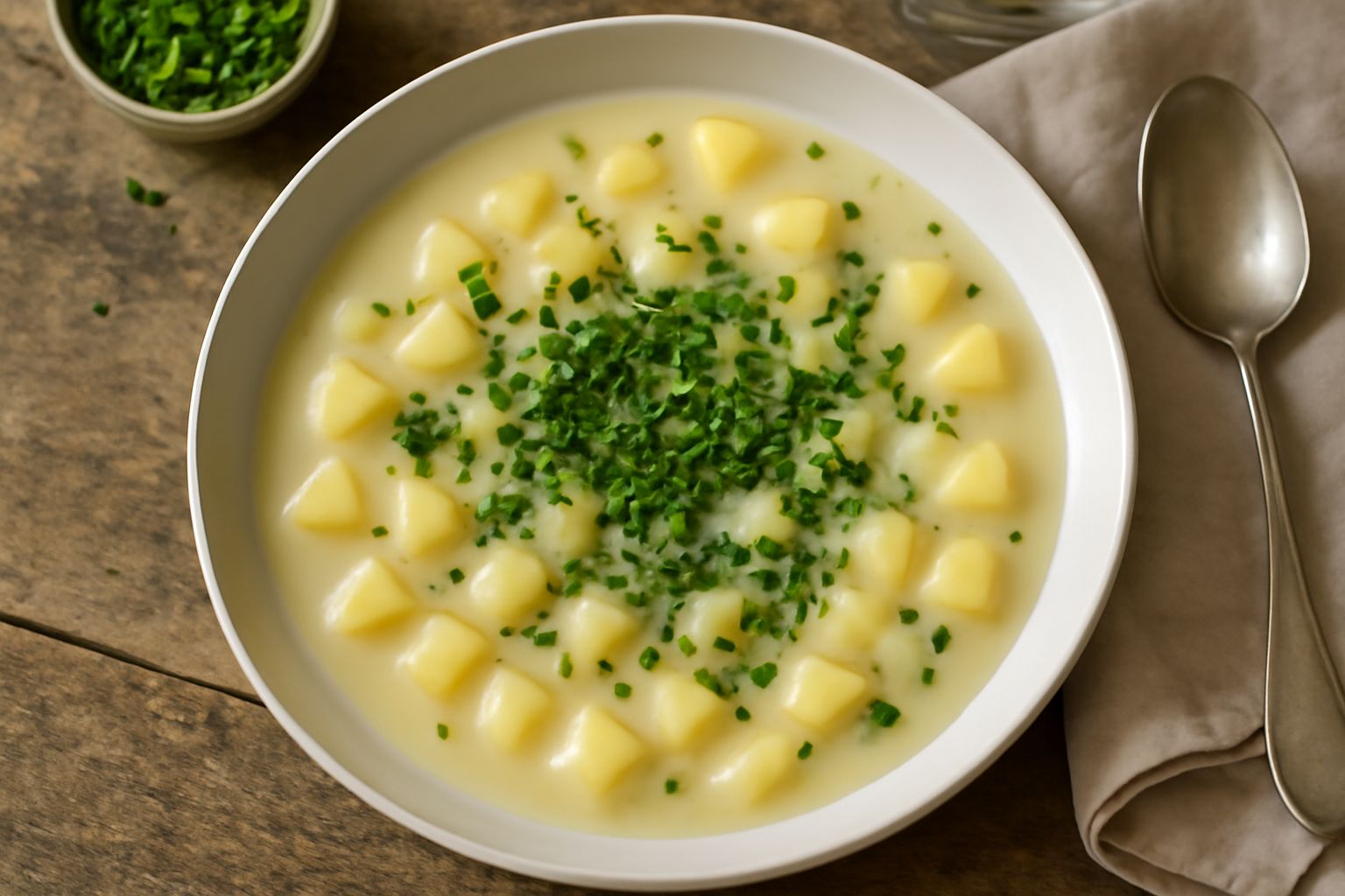 Ciotola di minestra con patate a dadini, brodo trasparente, erba cipollina verde sminuzzata in superficie, pane tostato a lato