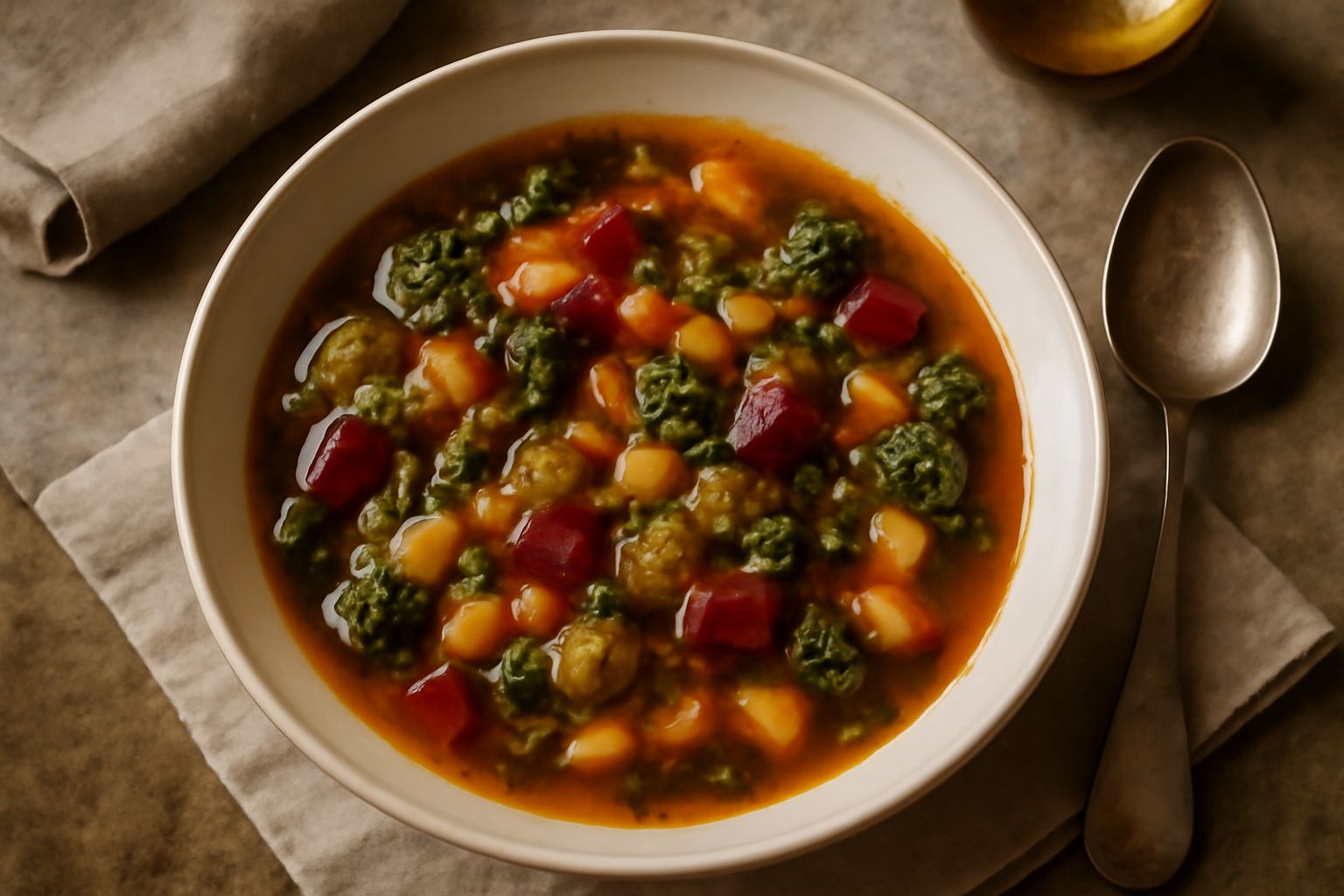 Ciotola di ceramica bianca con minestra d'erbas: brodo trasparente ambrato, dadini di verdure colorate verde scuro e rosso, legumi visibili, guarnizione di prezzemolo fresco, pane tostato accanto