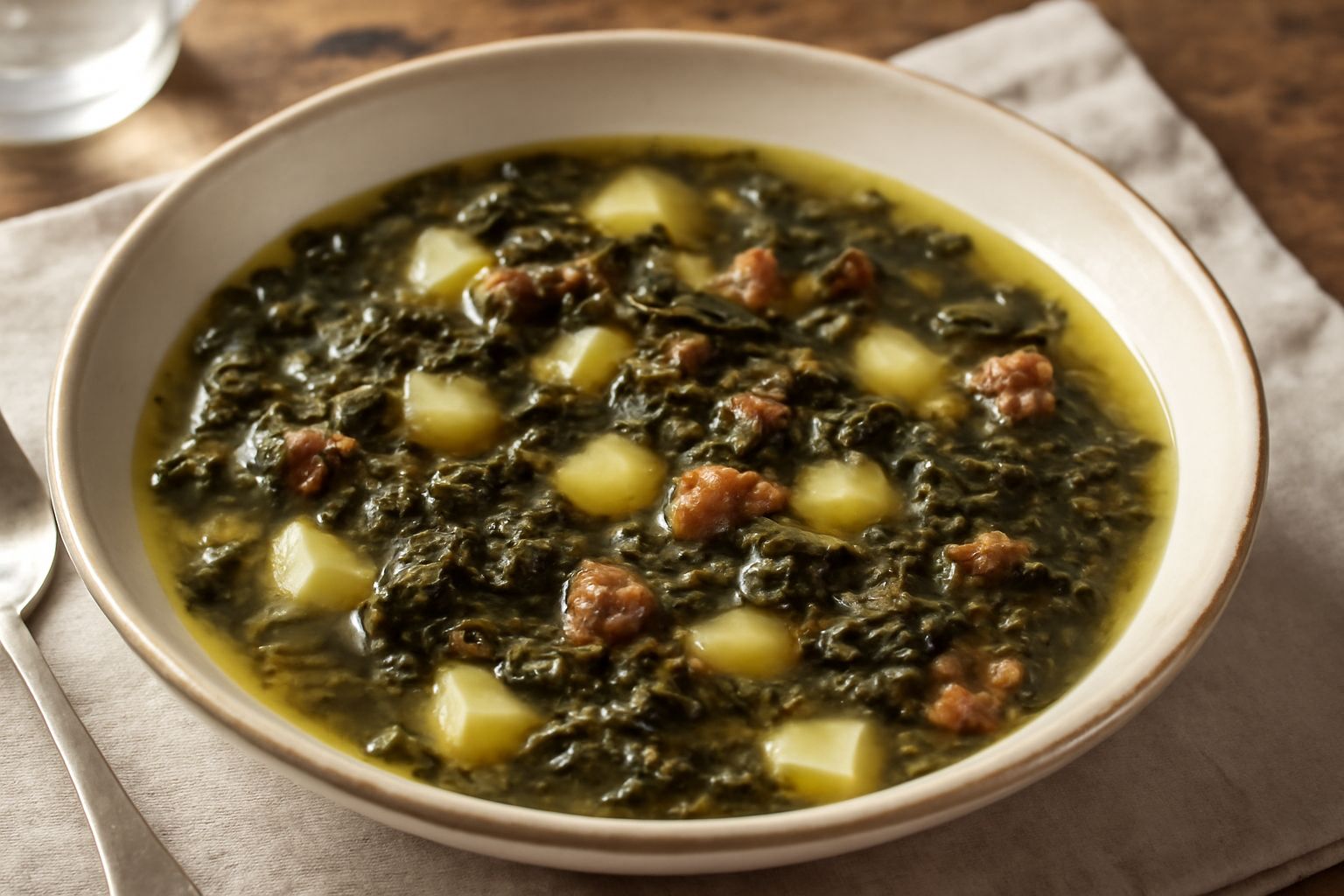 Ciotola di minestra d'erbazzone con pezzetti di verdure verdi scure, patate bianche, brodo trasparente, filo d'olio verde in superficie, cucchiaio in ceramica