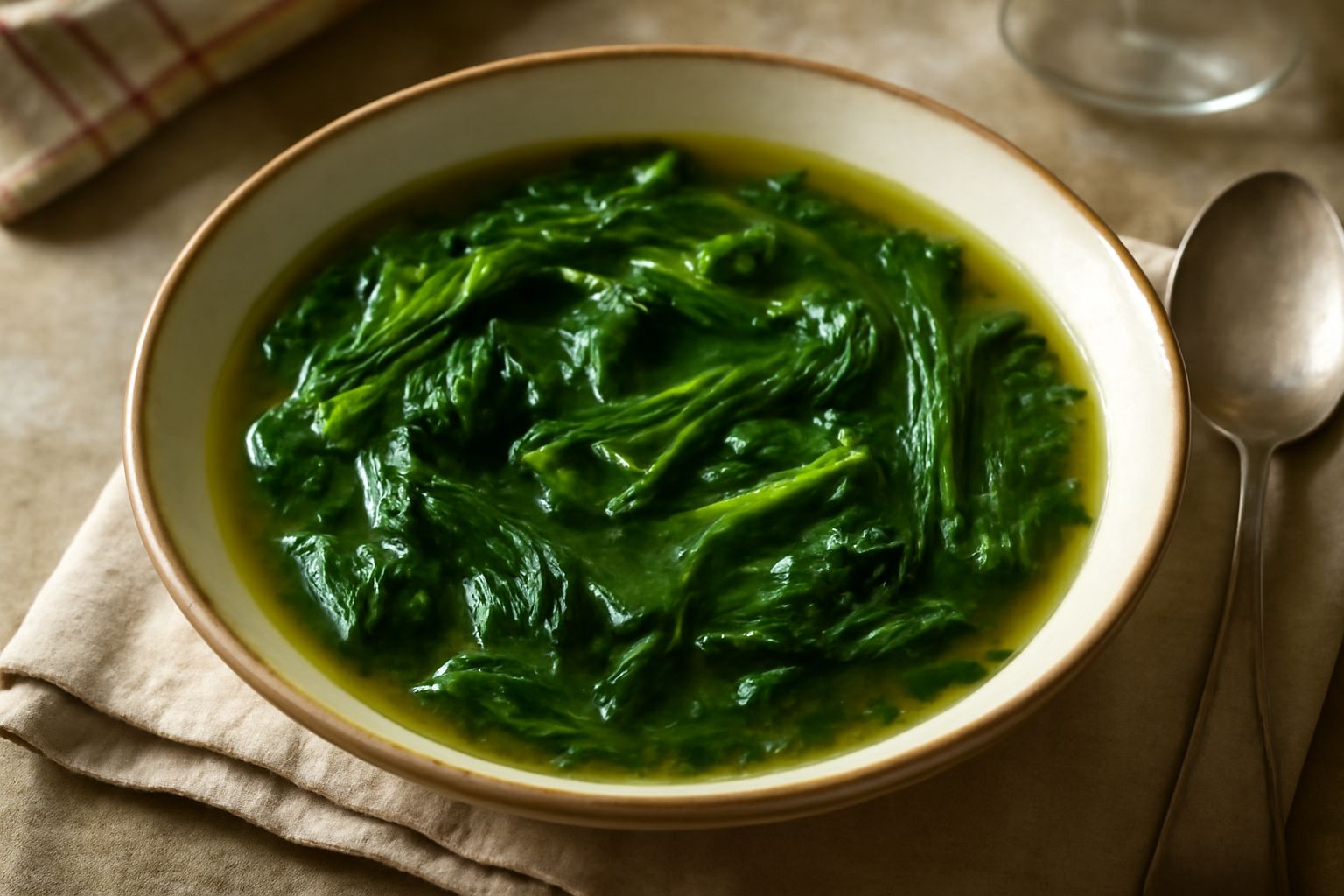 Una ciotola di minestra d'erbe cotte con erbette e spinaci verdi in brodo chiaro, contornata da fette di pane tostato grigio su sfondo bianco