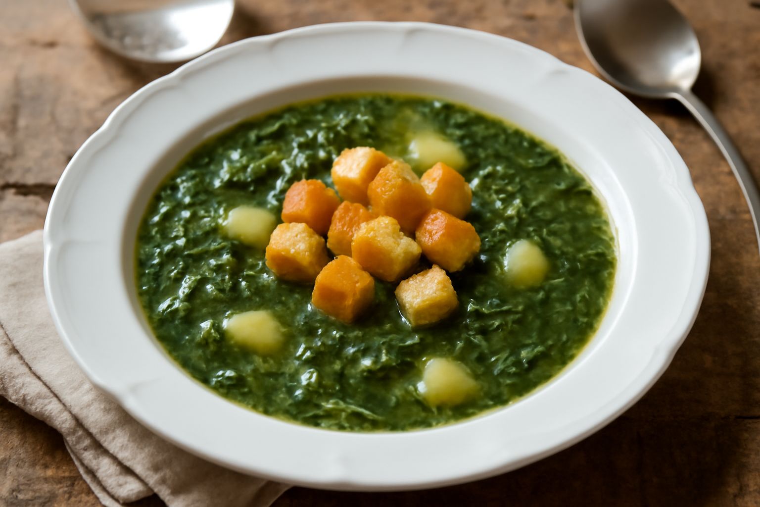 Una ciotola di minestra d'erbe di campo con ortica, tarassaco e cicoria verde scuro, patate morbide, brodo trasparente e un filo d'olio sopra, servita su un piatto bianco con un cucchiaio di legno acc