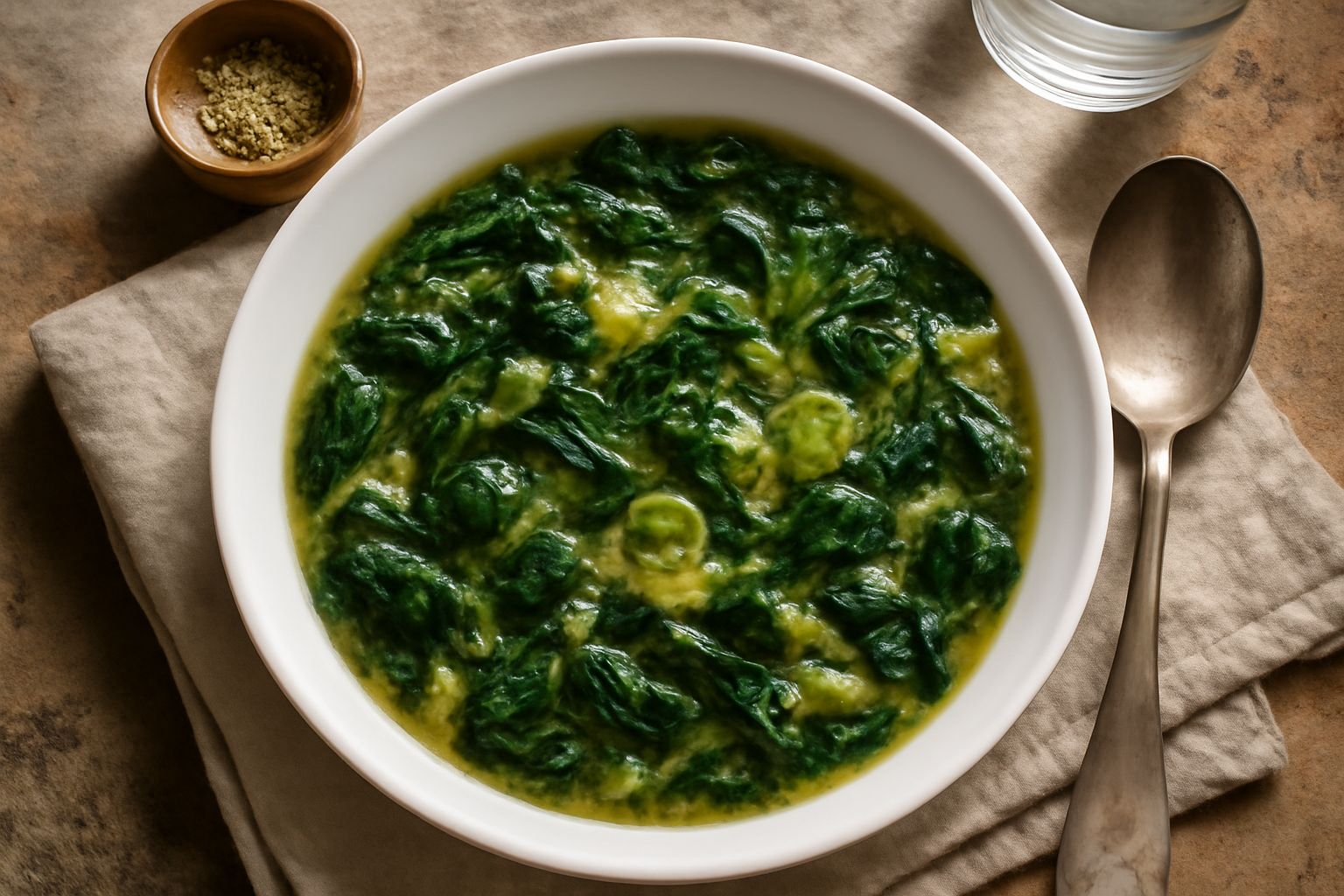Minestra cremosa in ciotola bianca con erbe verdi variegate, riso integrale visibile, filo d'olio di oliva sulla superficie, cucchiaio di legno, sfondo bianco
