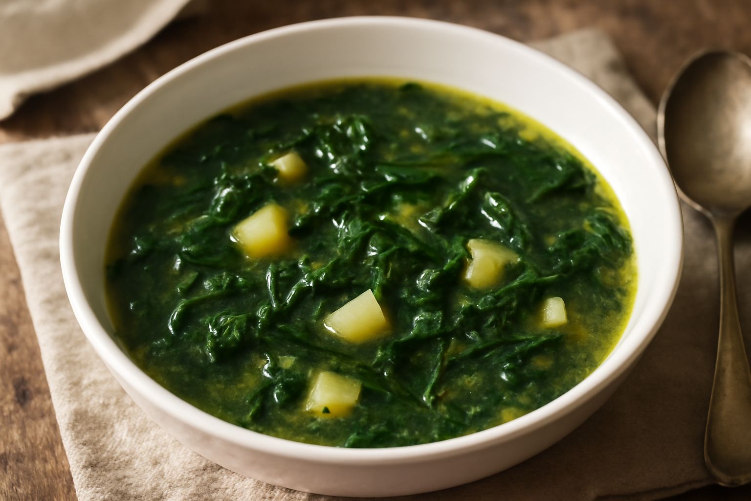 Una ciotola di minestra d'erbe spontanee con patate, cicoria e ortica in brodo caldo, guarnita con pane tostato e gocce di olio d'oliva verde