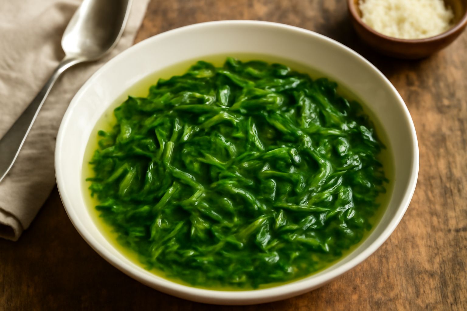 Minestra d'erbette servita in una ciotola di ceramica bianca, con verdure a foglia verde visibili nel brodo trasparente, fettina di pane tostato sul bordo, gocce di olio d'oliva verde in superficie