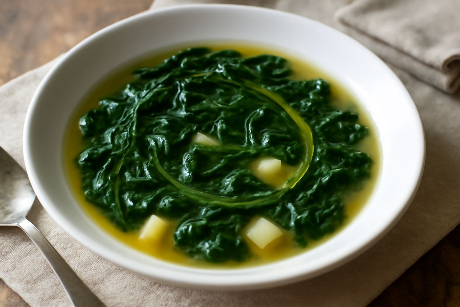 Una ciotola di porcellana bianca con minestra d'erbette selvatiche: brodo chiaro, foglie verdi scure e tenere, pezzi di patata, filo d'olio verde in superficie, cucchiaio di legno appoggiato al bordo