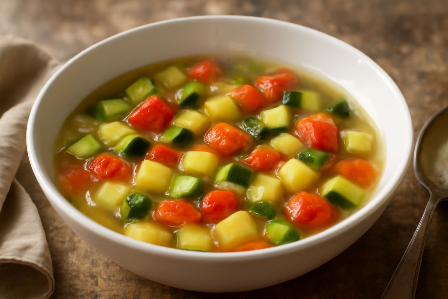 Una ciotola di minestra d'estate in porcellana bianca con zucchine verdi tagliate a cubetti, pomodori rossi, fagiolini, patate gialle e brodo trasparente, guarnita con foglie di basilico fresco.