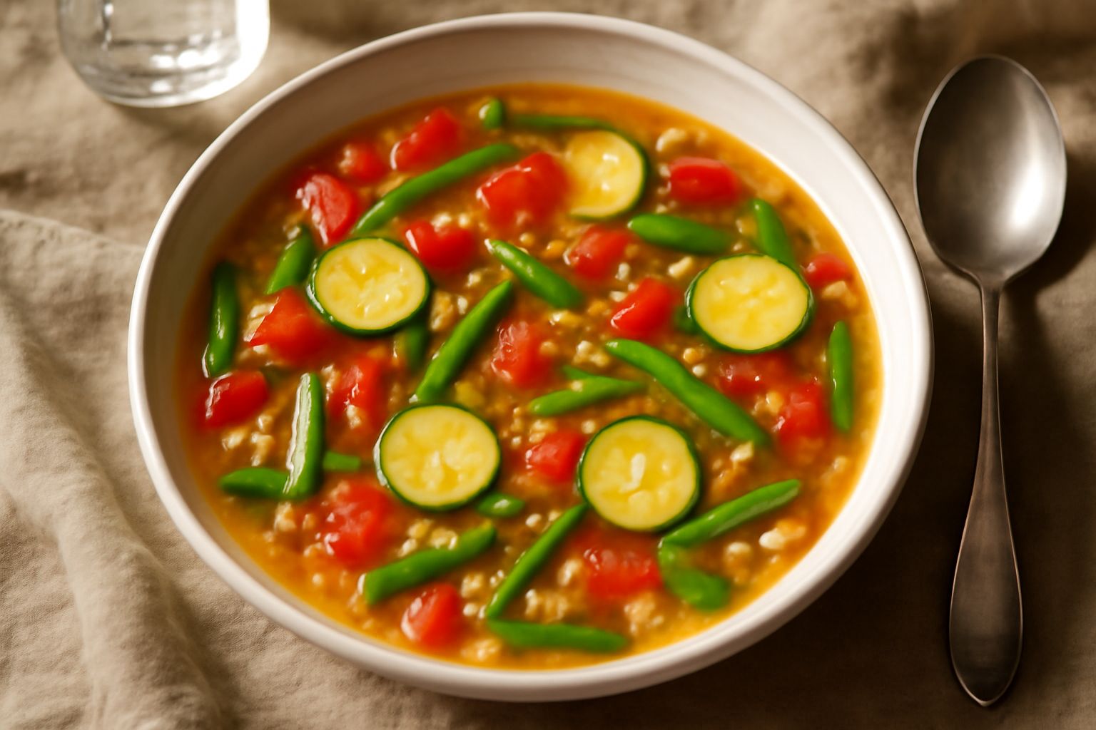 Minestra in ciotola bianca con zucchine tagliate a rondelle, pomodori rossi, fagiolini verdi, pasta piccola, brodo chiaro trasparente, foglia di basilico fresco, tavolo di legno in luce naturale estiv